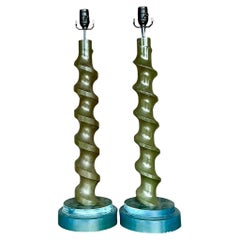 Vintage Boho Turned Wood Screw Lamps - a Pair