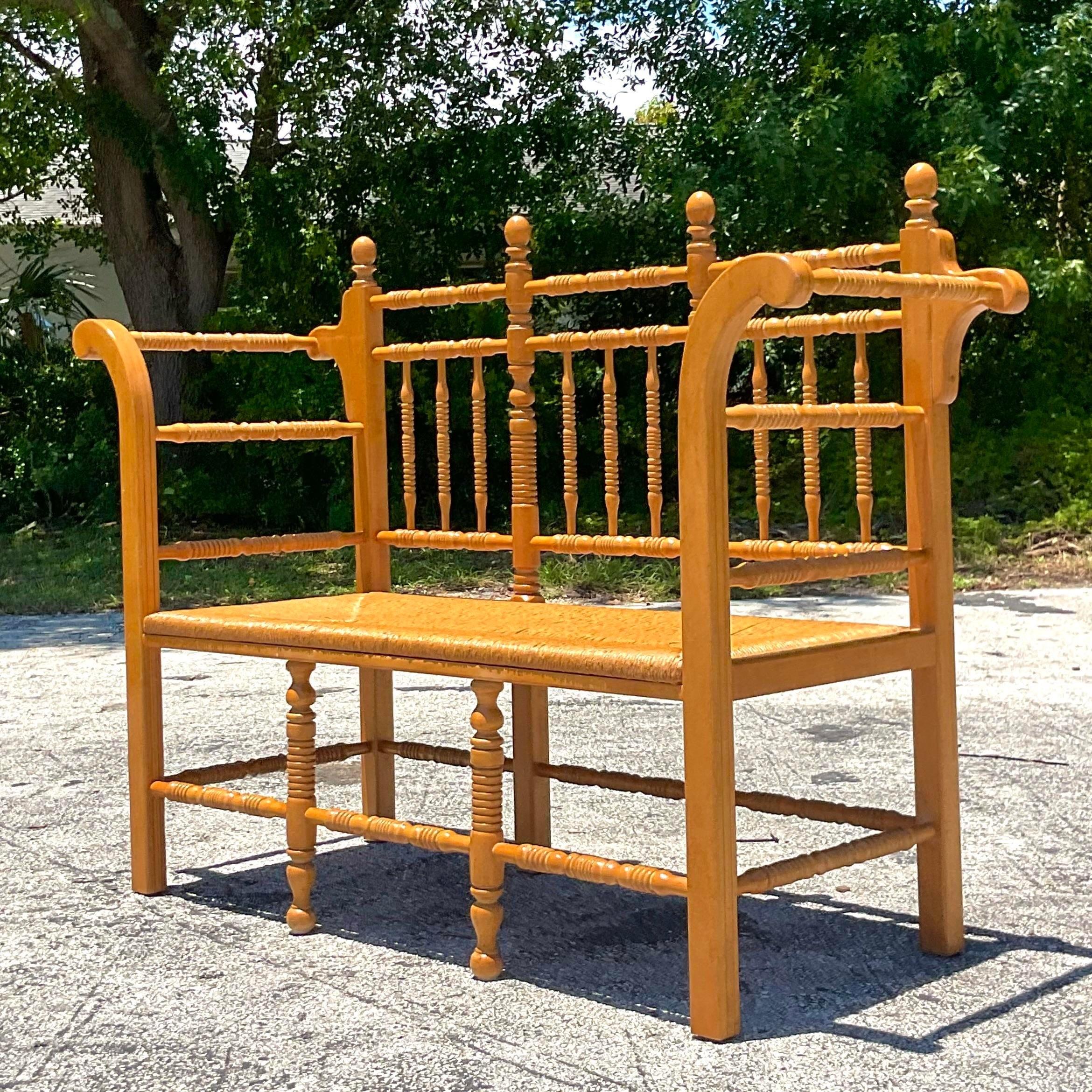 Vintage Boho Turned Wood Spindle Bench For Sale 4