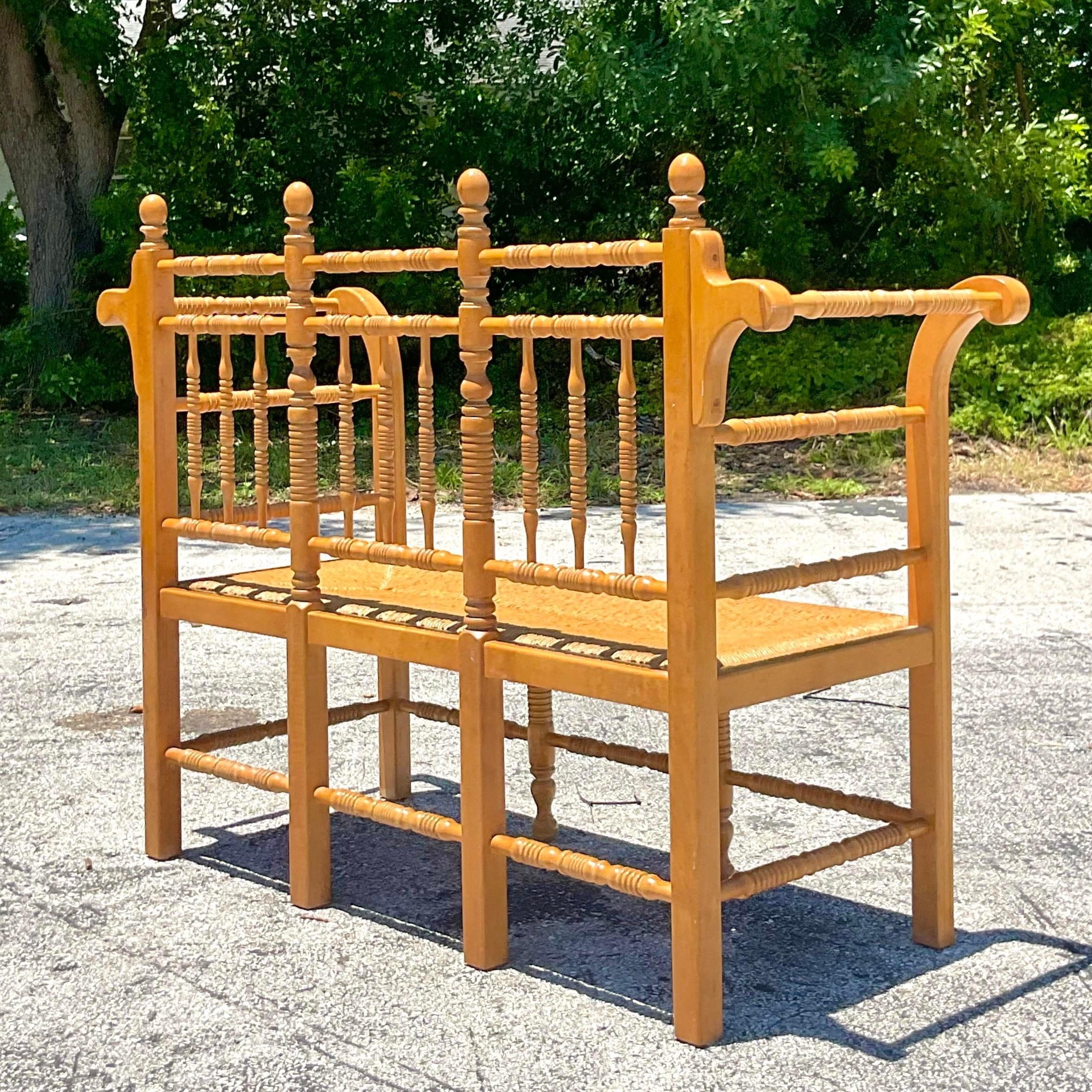 Vintage Boho Turned Wood Spindle Bench For Sale 5
