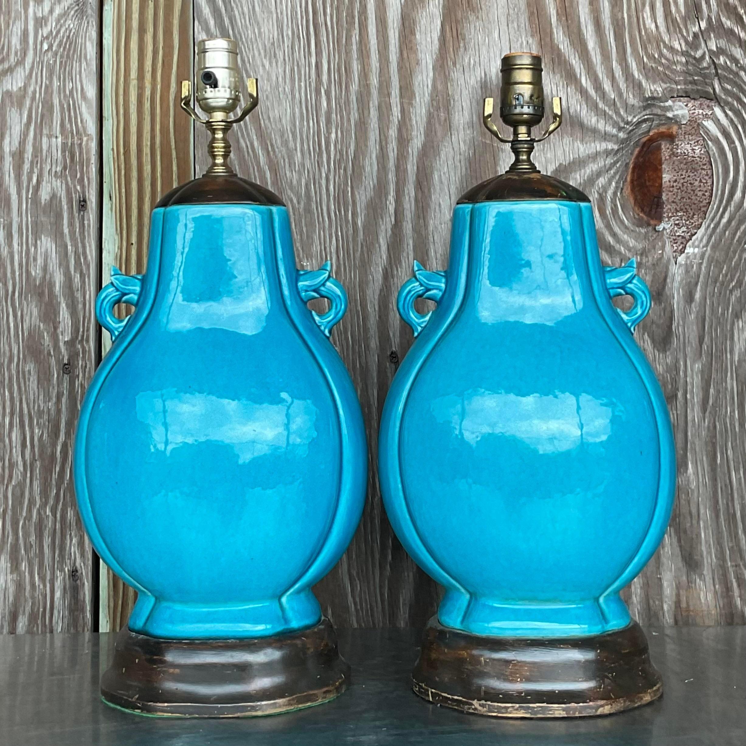 American Vintage Boho Turquoise Glazed Ceramic Moonflask Table Lamps - a Pair For Sale