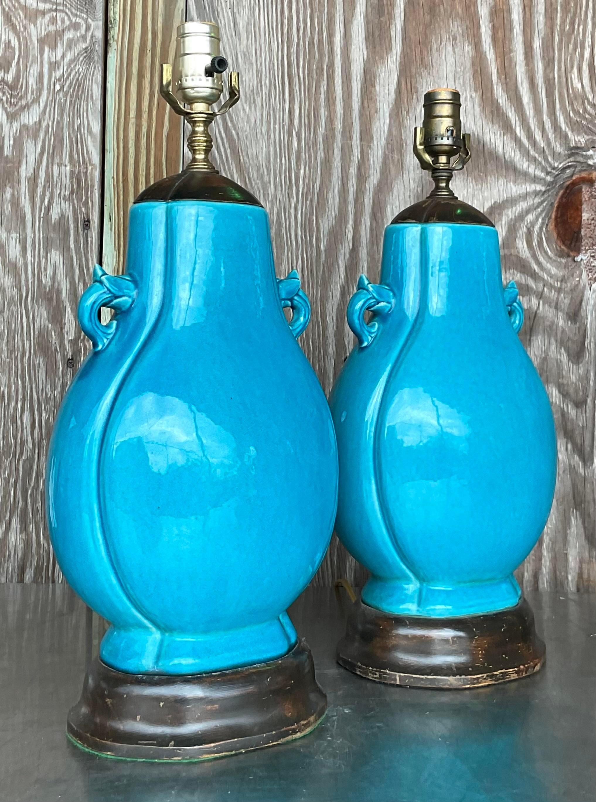 Vintage Boho Turquoise Glazed Ceramic Moonflask Table Lamps - a Pair In Good Condition For Sale In west palm beach, FL