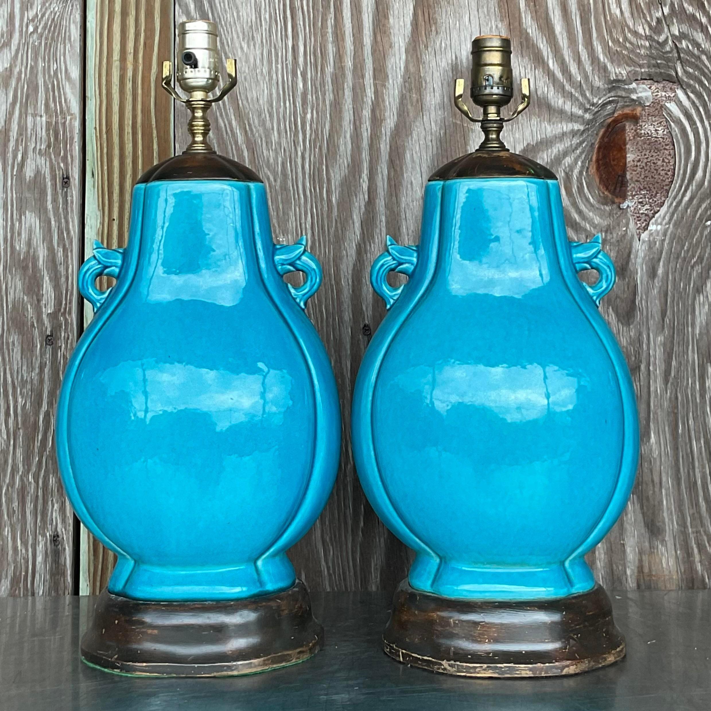 Metal Vintage Boho Turquoise Glazed Ceramic Moonflask Table Lamps - a Pair For Sale