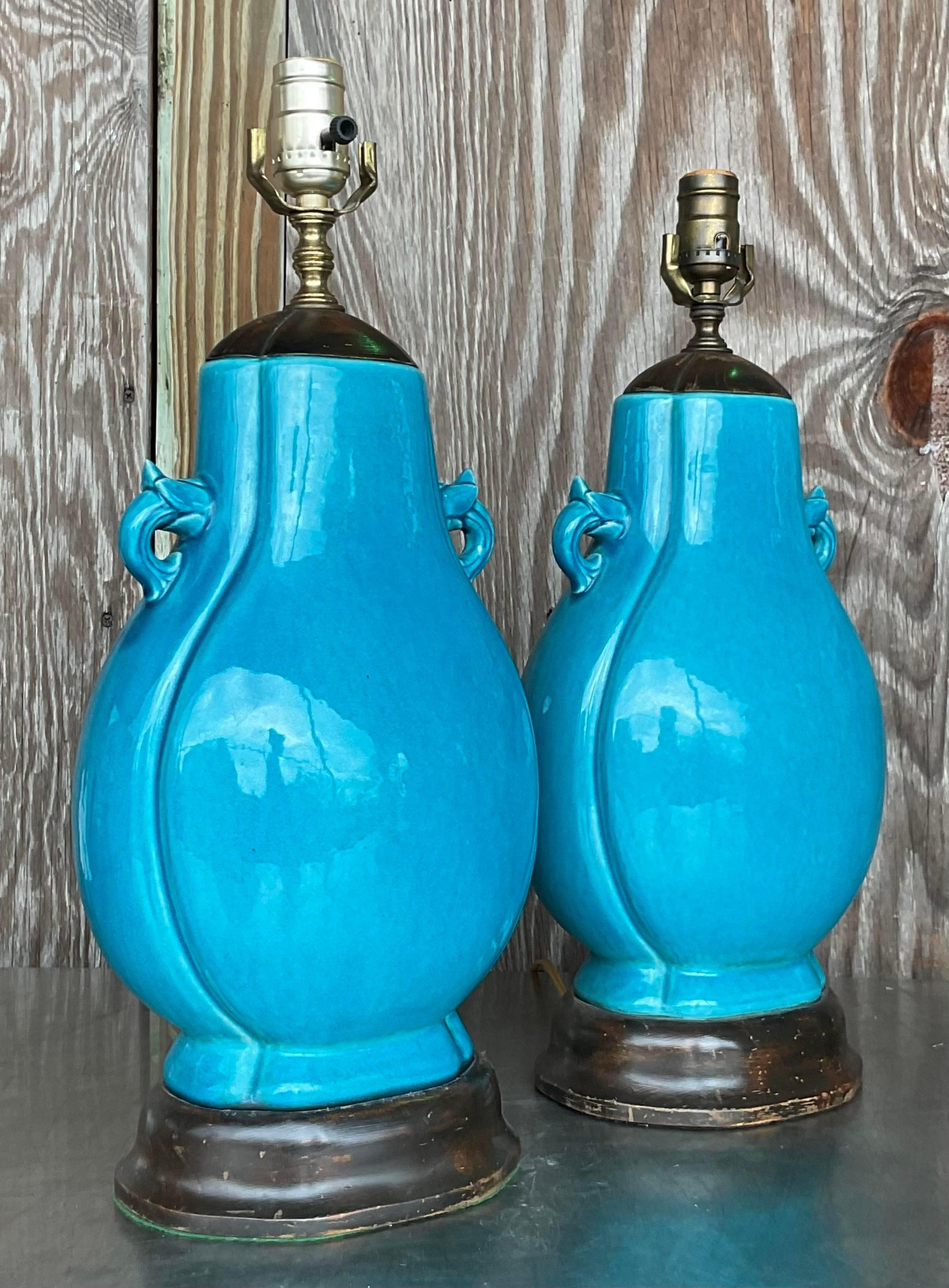 Vintage Boho Turquoise Glazed Ceramic Moonflask Table Lamps - a Pair For Sale 1