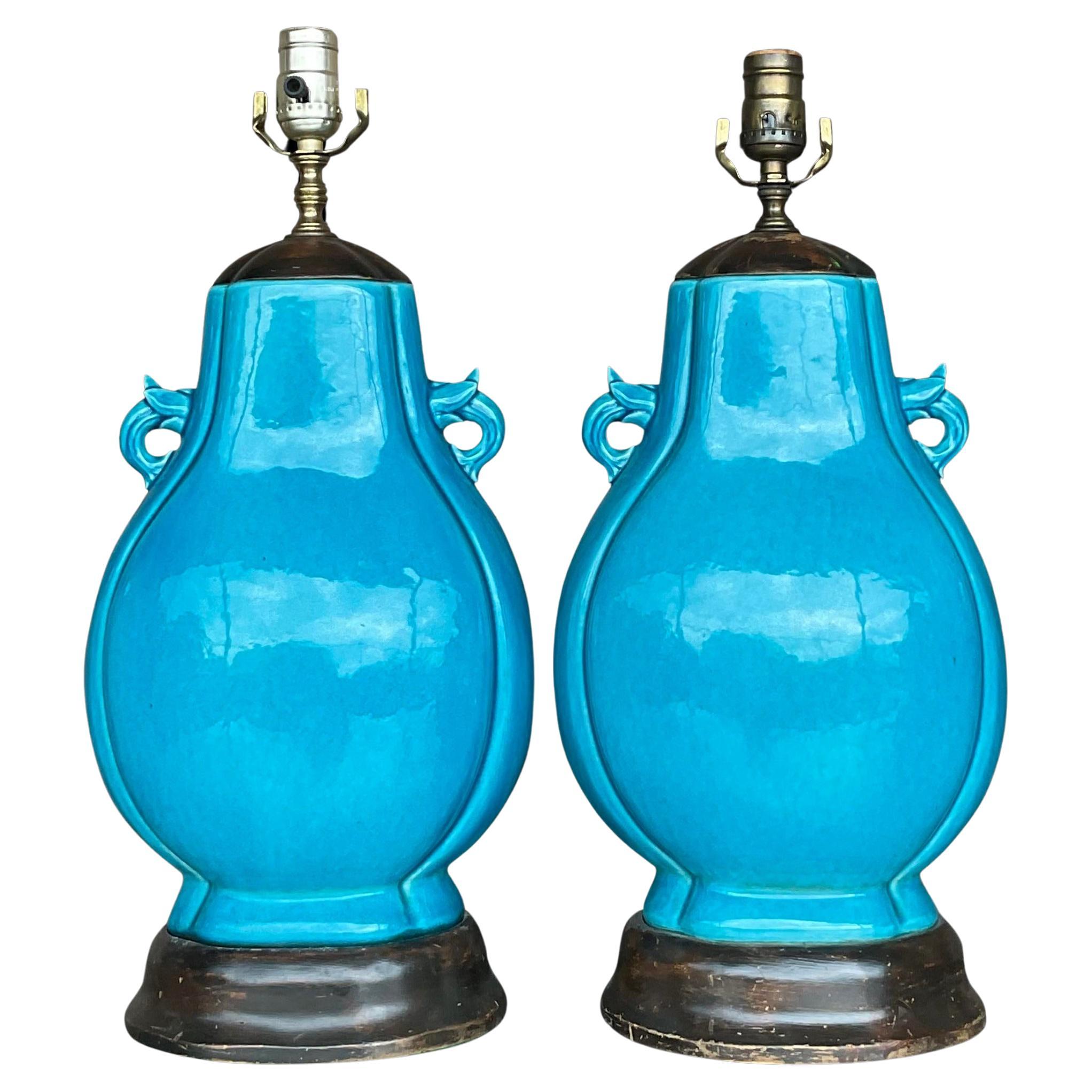 Vintage Boho Turquoise Glazed Ceramic Moonflask Table Lamps - a Pair