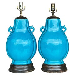 Vintage Boho Turquoise Glazed Ceramic Moonflask Table Lamps - a Pair