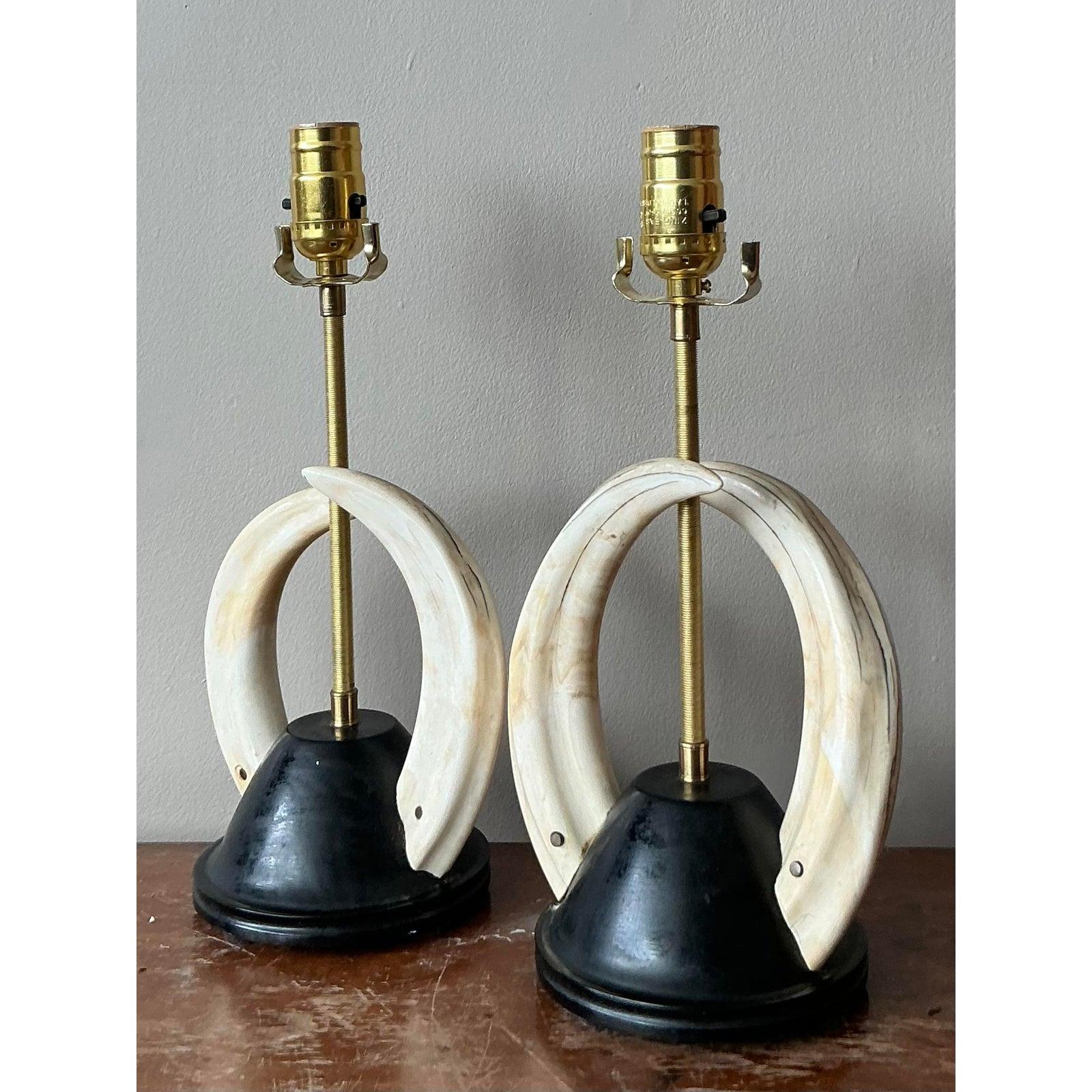 American Vintage Boho Twin Tusk Lamps - A Pair For Sale