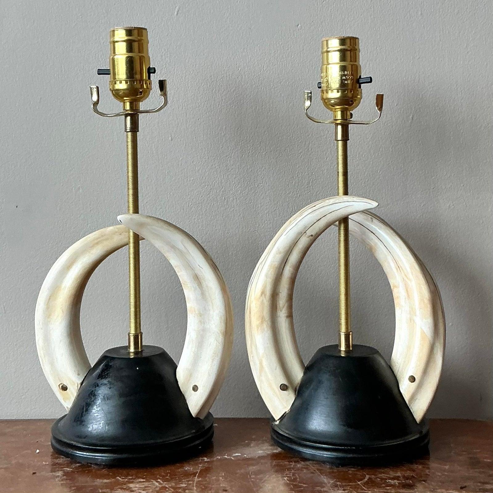 Vintage Boho Twin Tusk Lamps - A Pair In Good Condition For Sale In West Palm Beach, FL