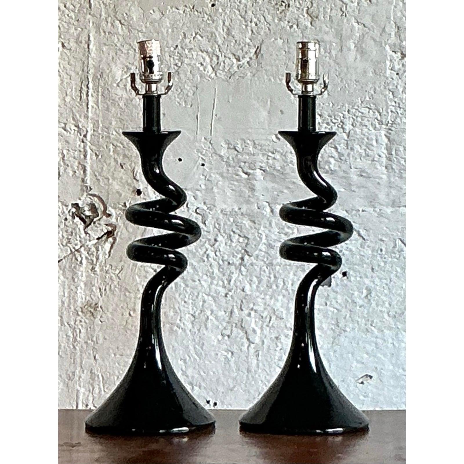 Vintage Boho Twisted Glass Lamps - A Pair In Good Condition For Sale In West Palm Beach, FL