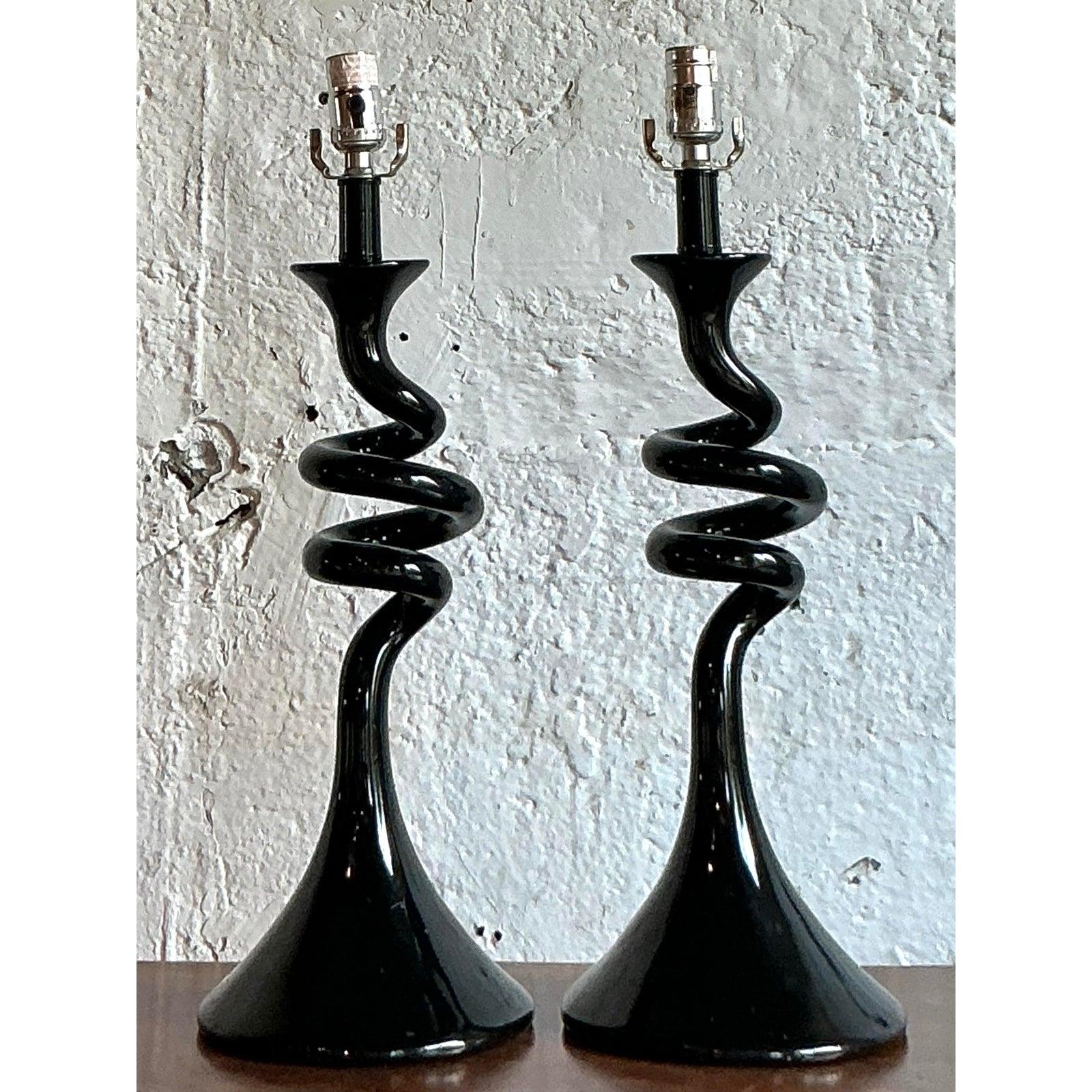Metal Vintage Boho Twisted Glass Lamps - A Pair For Sale
