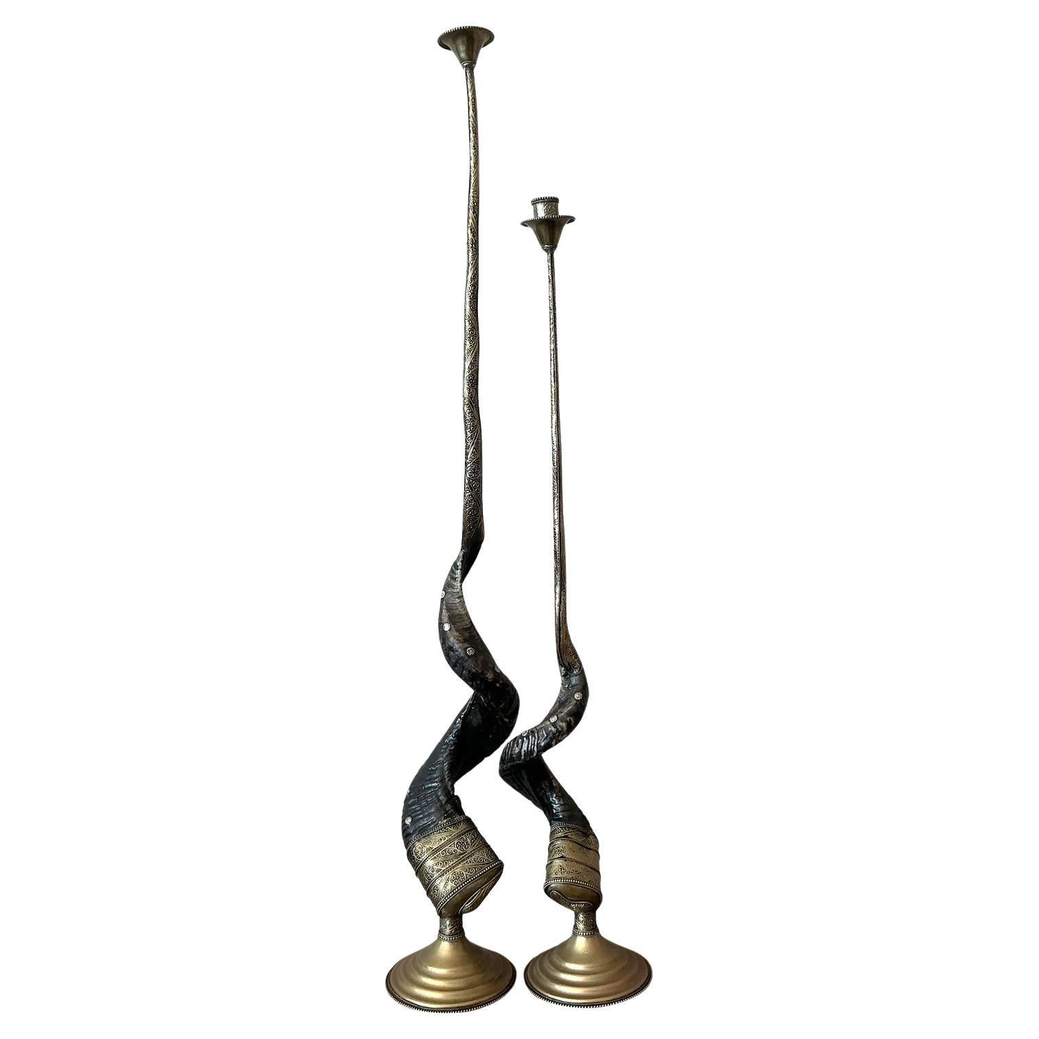 Vintage Boho Candelabros de cuerno retorcido - Set de 2