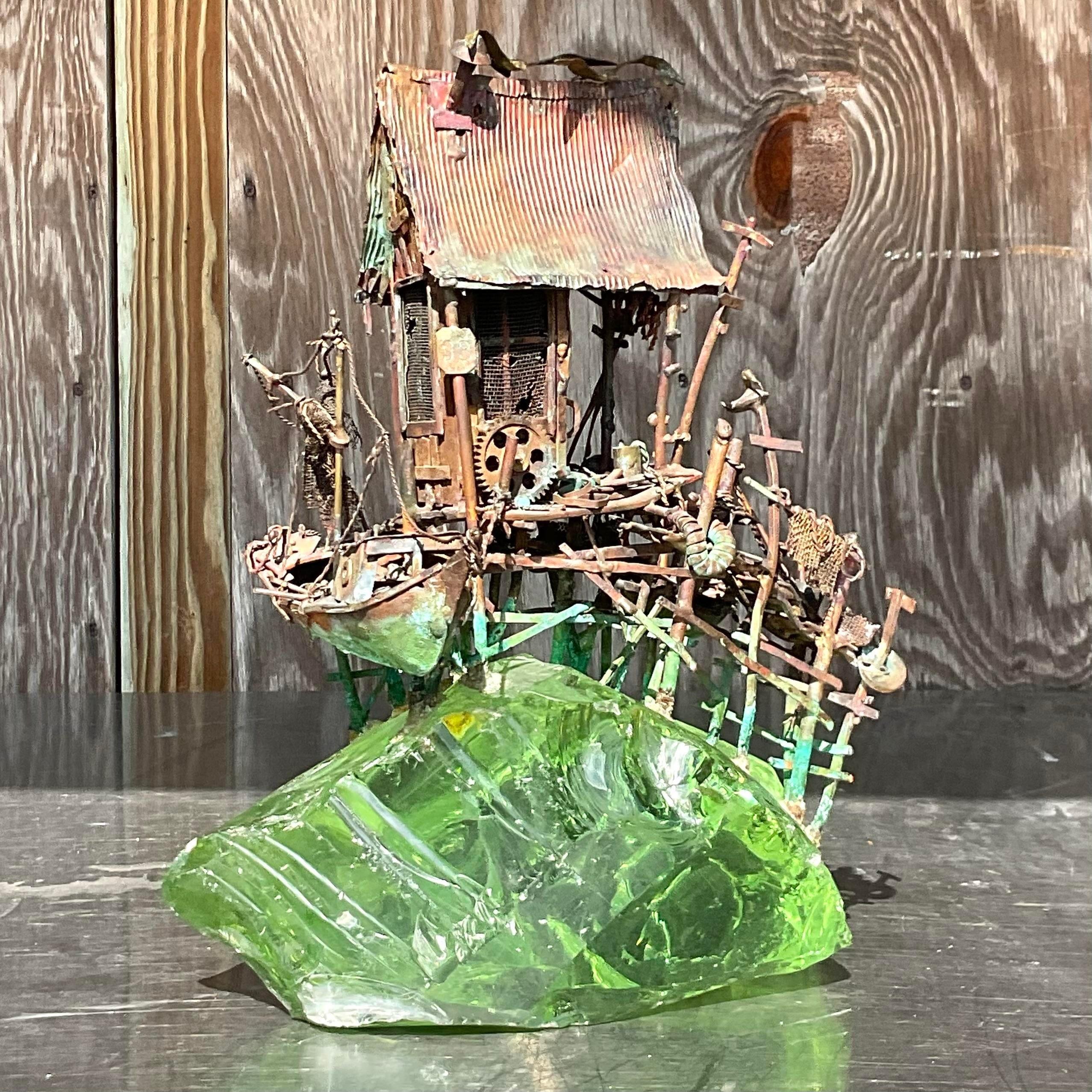 Vintage Boho Twisted Metal Sculpture on Glass Block Sculpture In Good Condition For Sale In west palm beach, FL