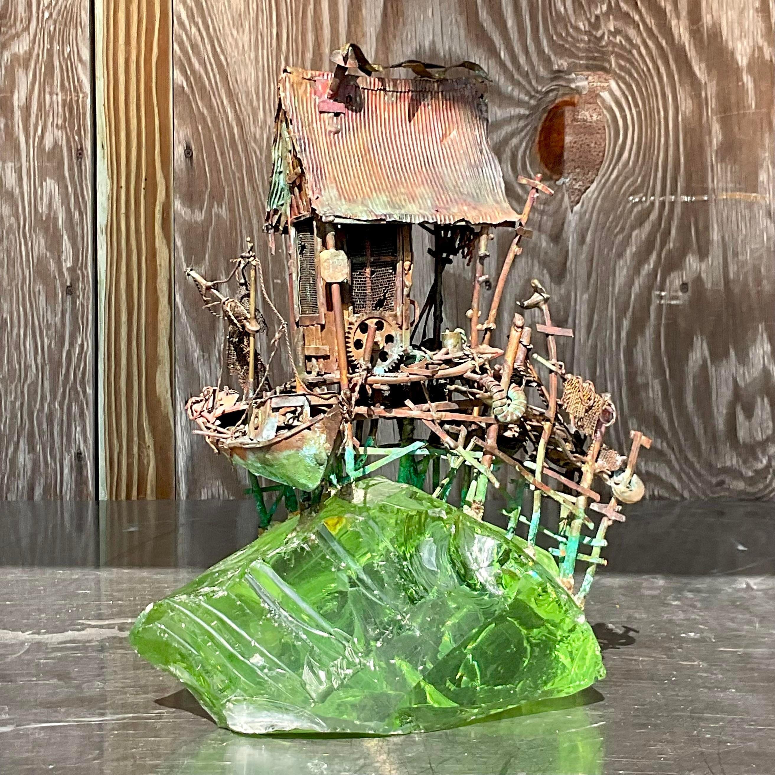 20th Century Vintage Boho Twisted Metal Sculpture on Glass Block Sculpture For Sale