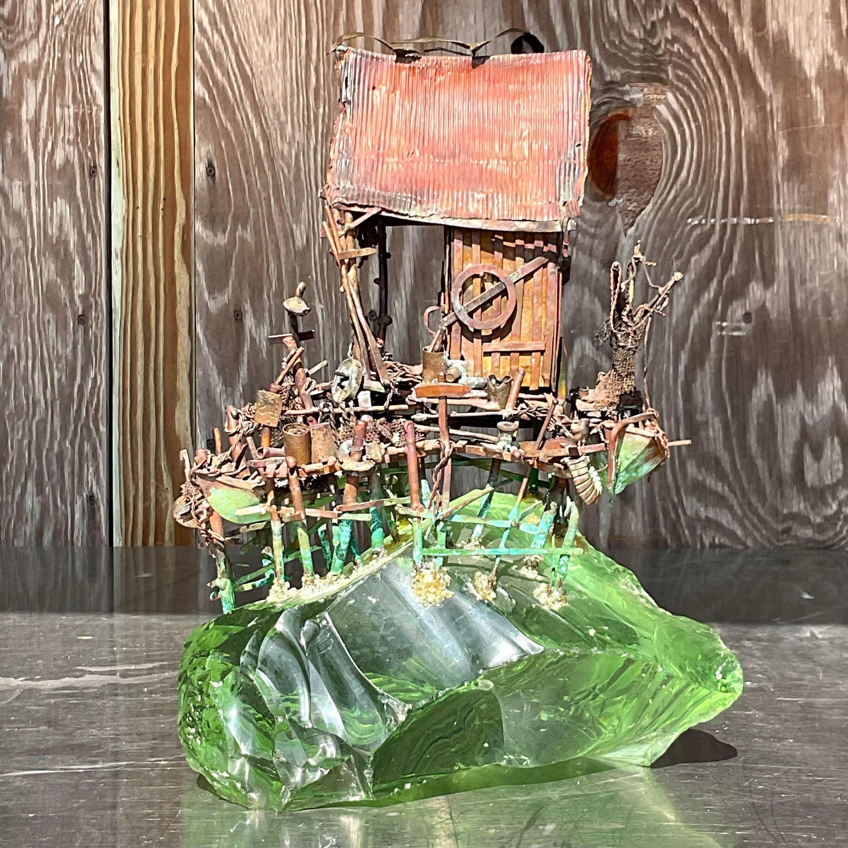 Vintage Boho Twisted Metal Sculpture on Glass Block Sculpture For Sale 1