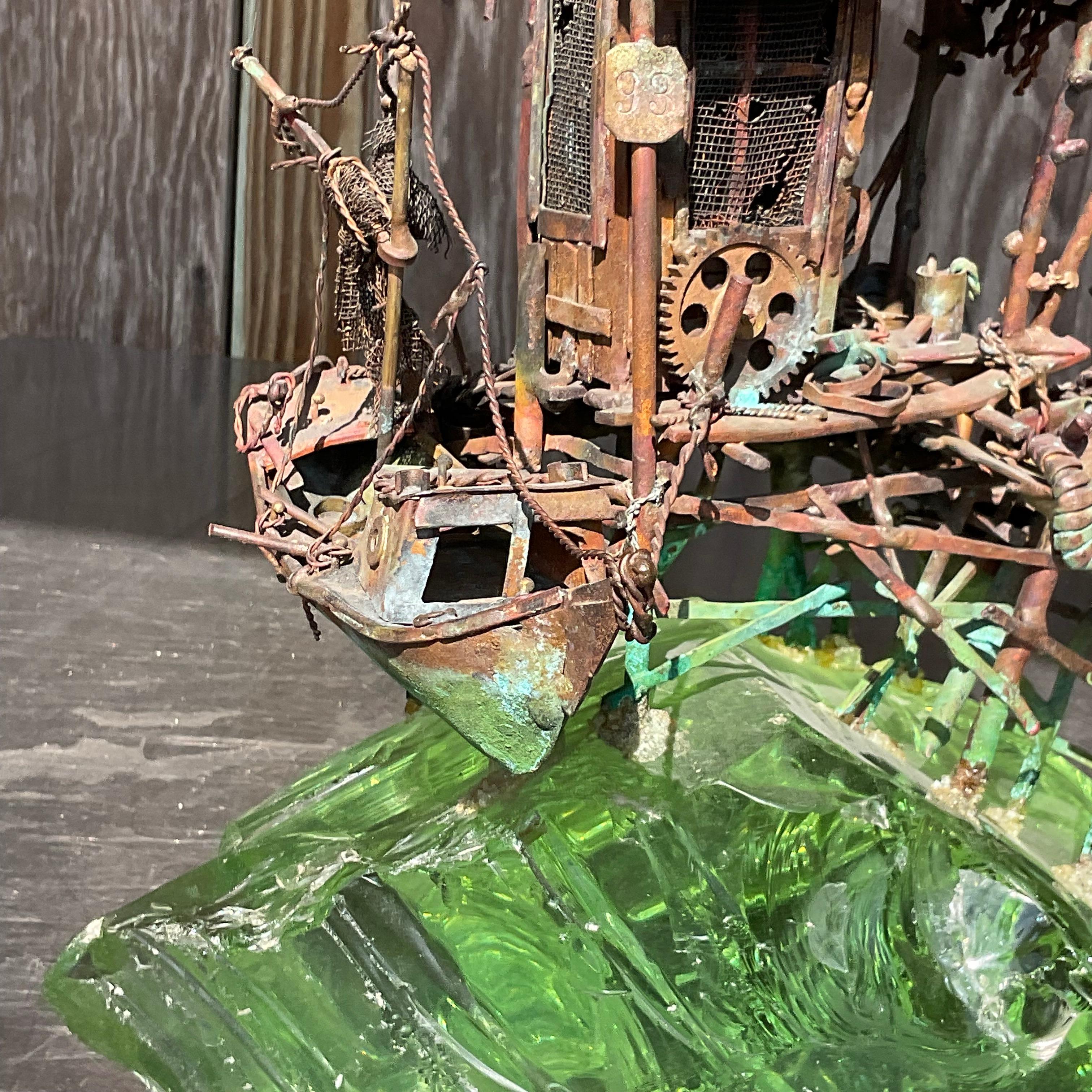 Vintage Boho Twisted Metal Sculpture on Glass Block Sculpture For Sale 4