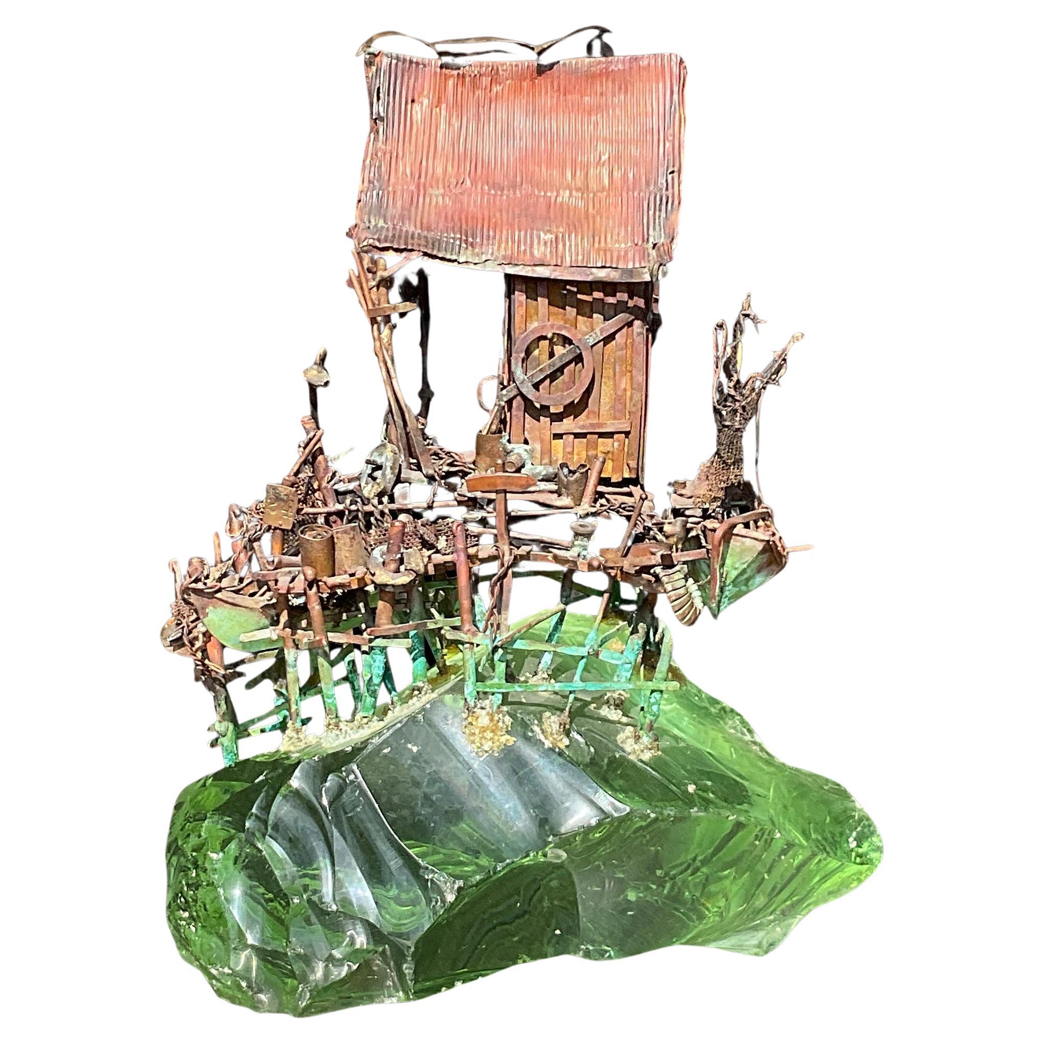 Vintage Boho Twisted Metal Sculpture on Glass Block Sculpture For Sale