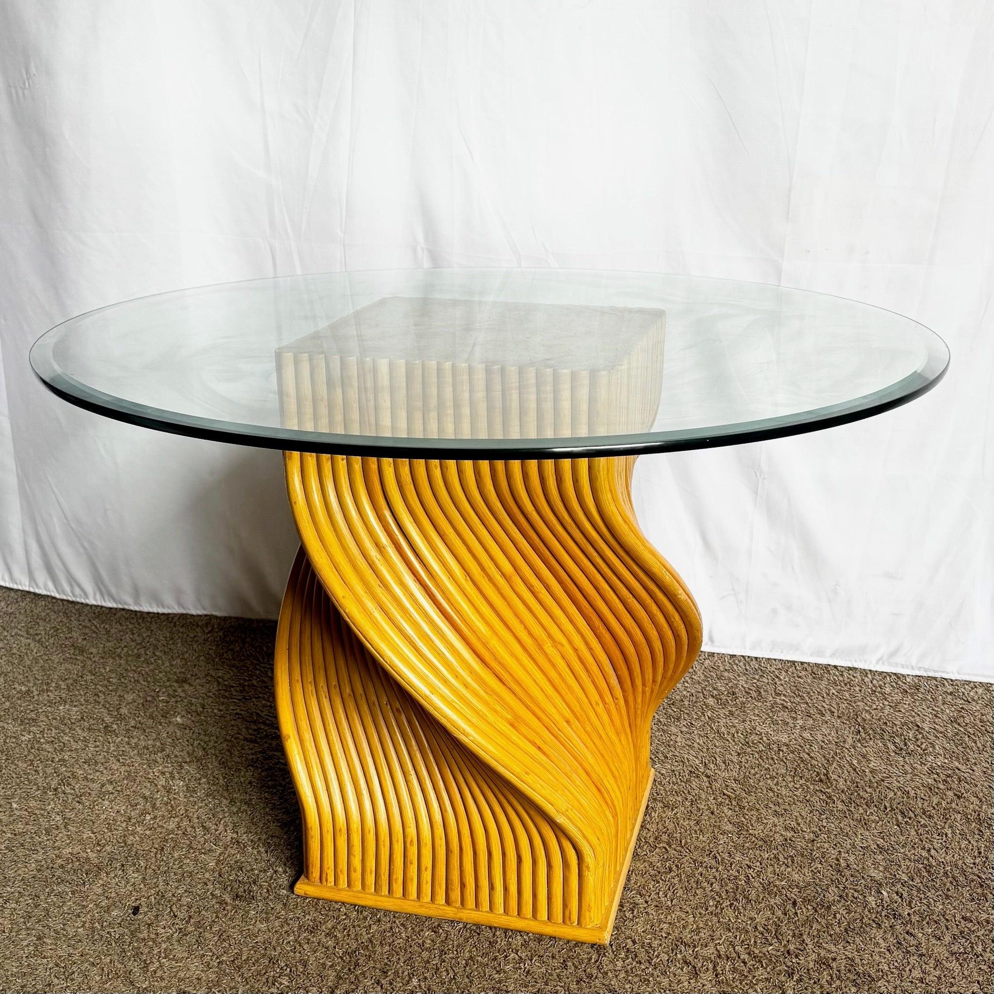 Philippine Vintage Boho Twisted Rattan Glass Top Dining Table, McGuire Style For Sale