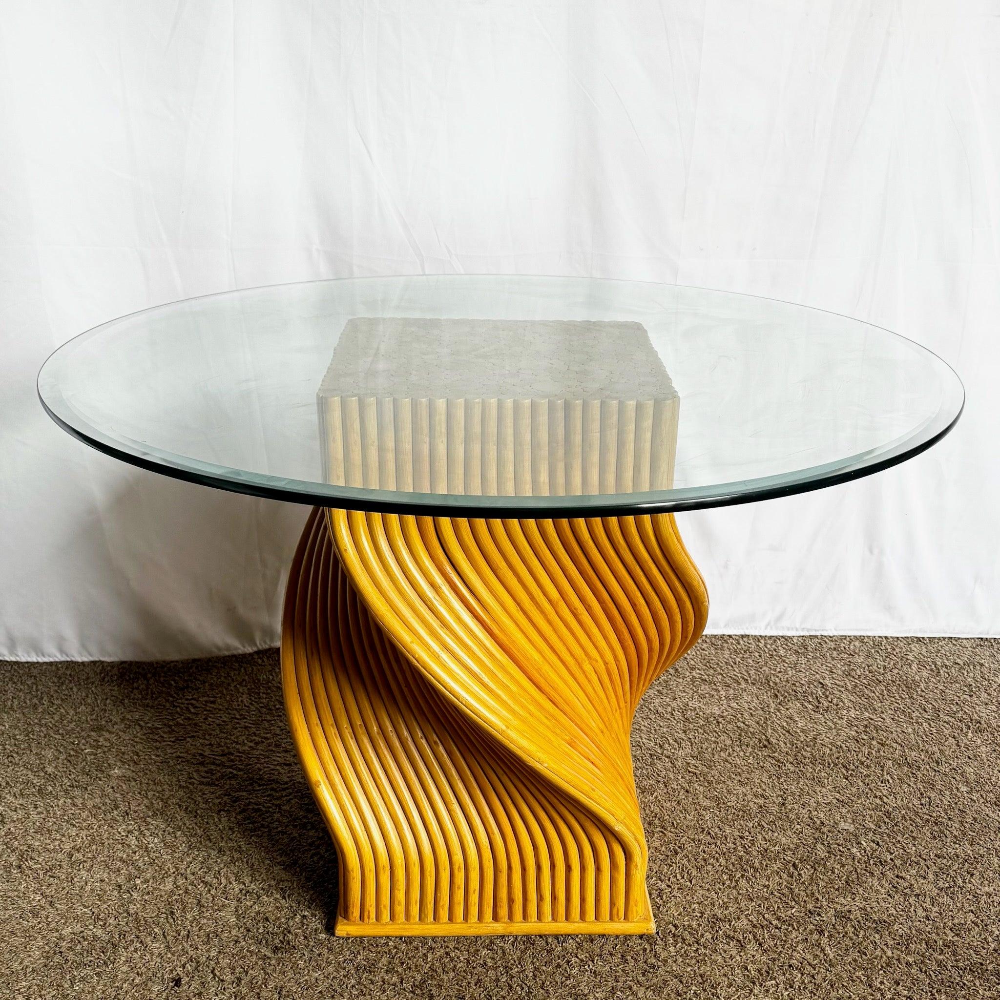 Late 20th Century Vintage Boho Twisted Rattan Glass Top Dining Table, McGuire Style For Sale