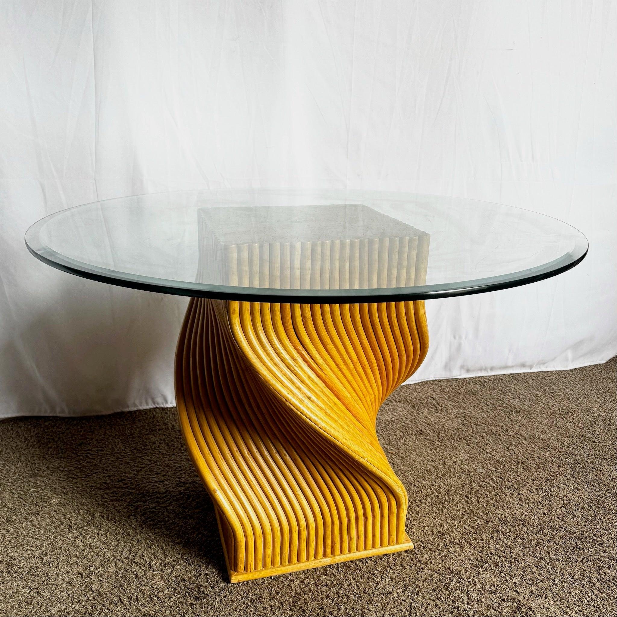 Vintage Boho Twisted Rattan Glass Top Dining Table, McGuire Style For Sale