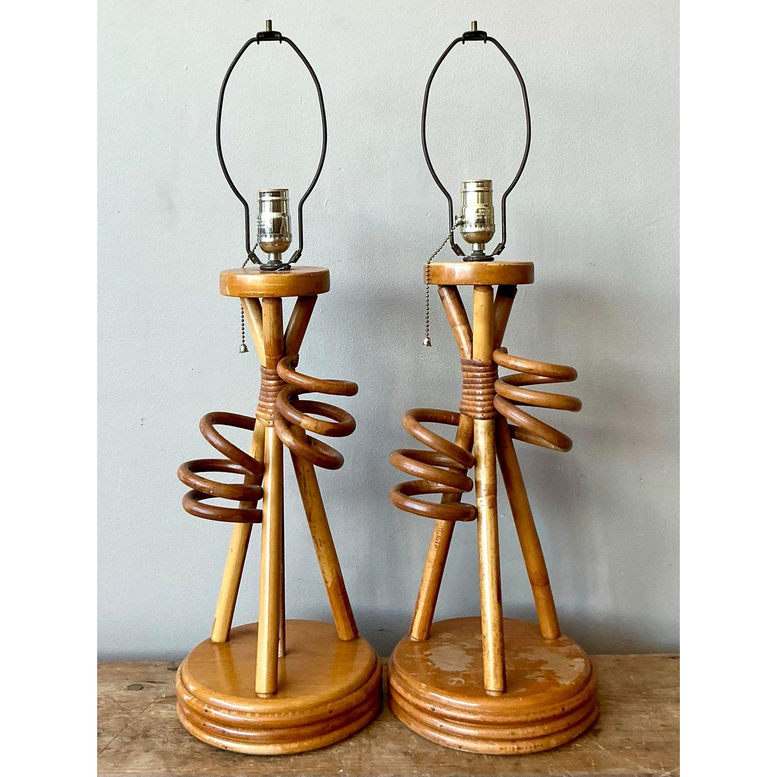 Mid-Century Modern Vintage Boho Twisted Rattan Lamps - A Pair For Sale
