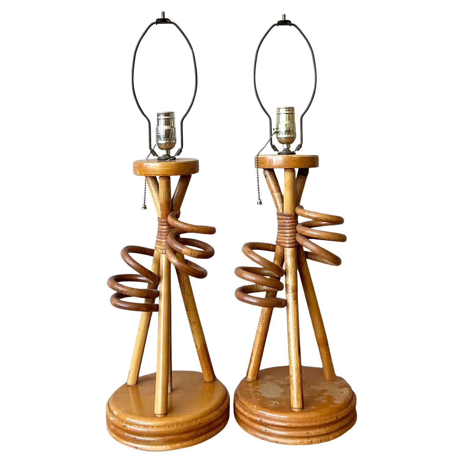 Vintage Boho Twisted Rattan Lamps - A Pair