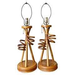 Vintage Boho Twisted Rattan Lamps - A Pair