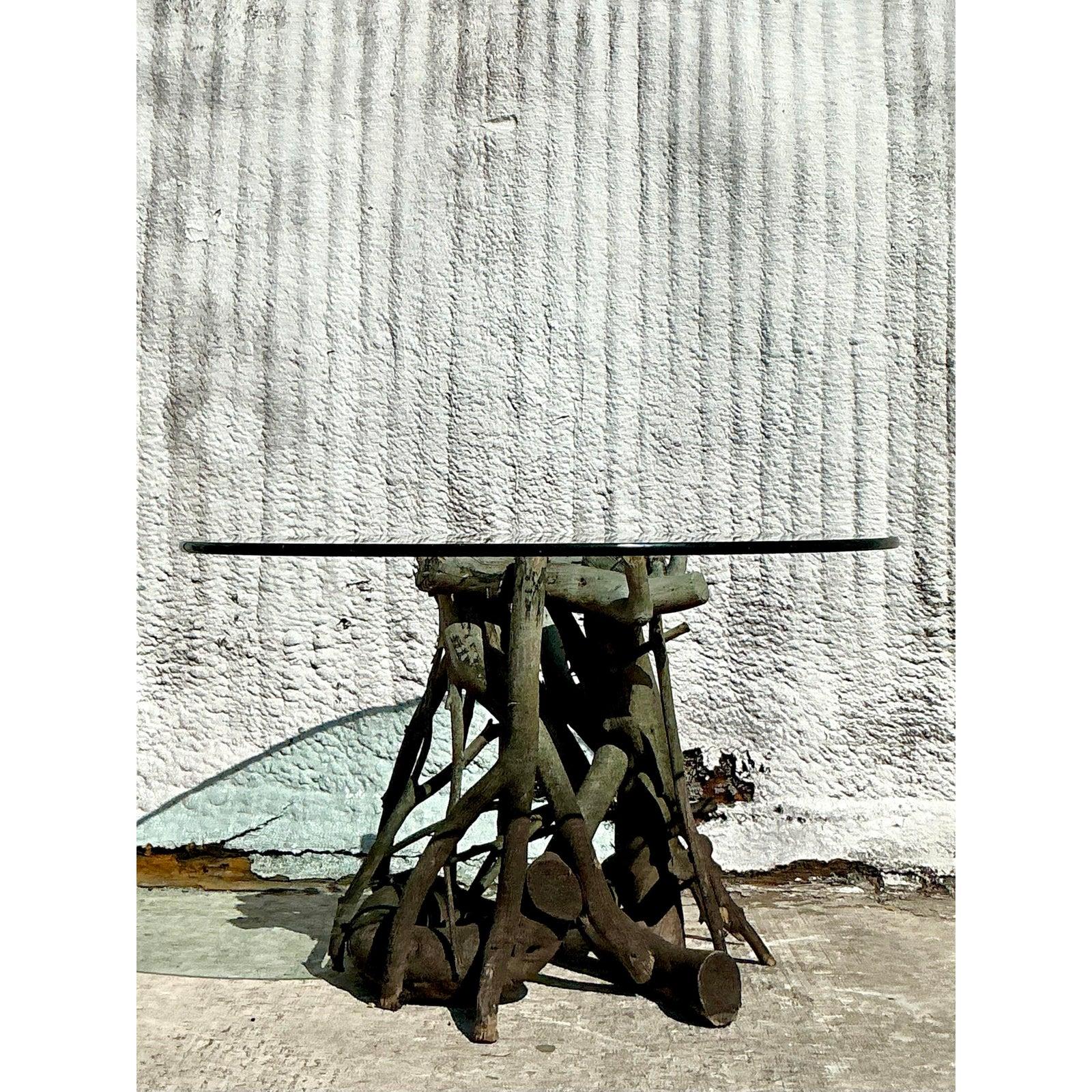 Glass Vintage Boho Twisted Root Center Hall Table For Sale