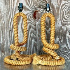 Vintage Boho Twisted Rope Table Lamps, a Pair