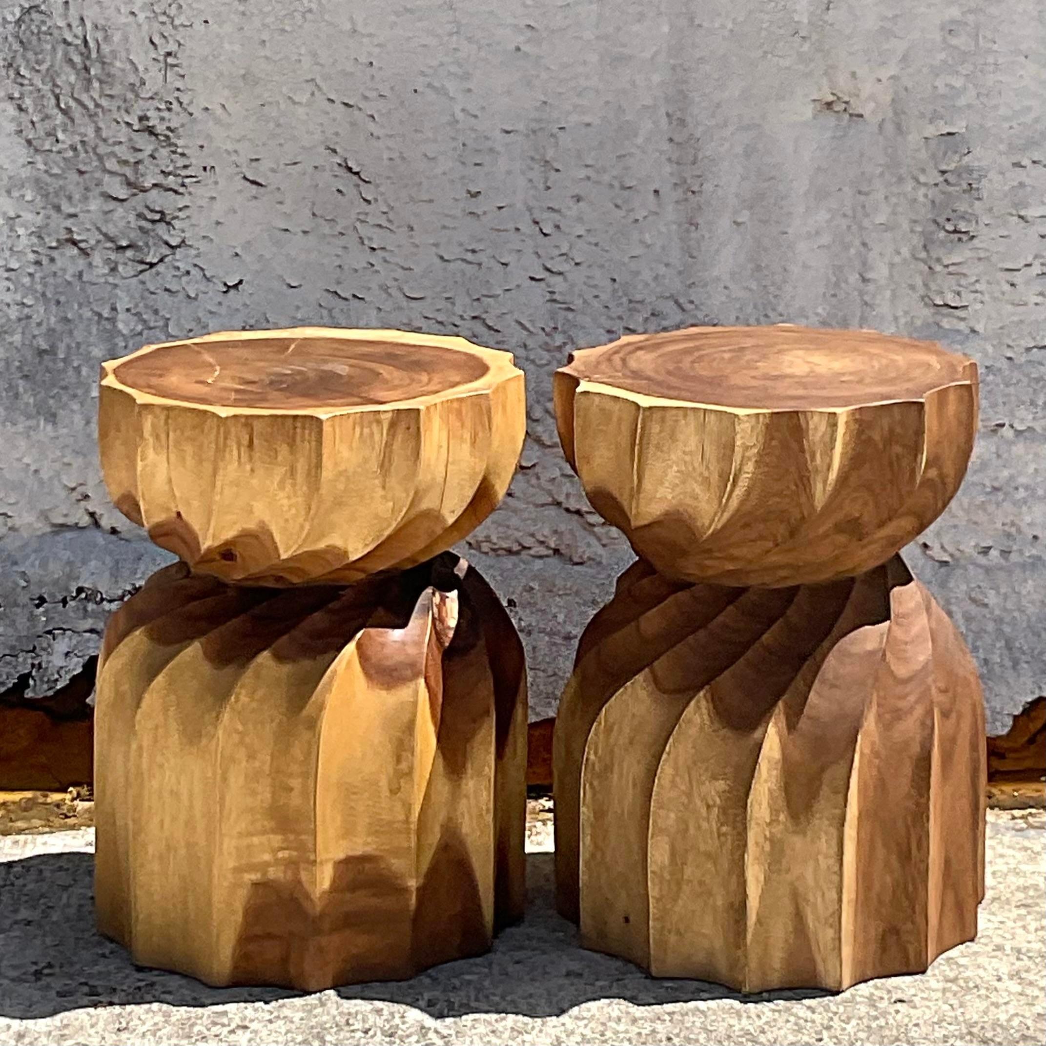 Rustic Vintage Boho Twisted Stump Low Stools - a Pair For Sale