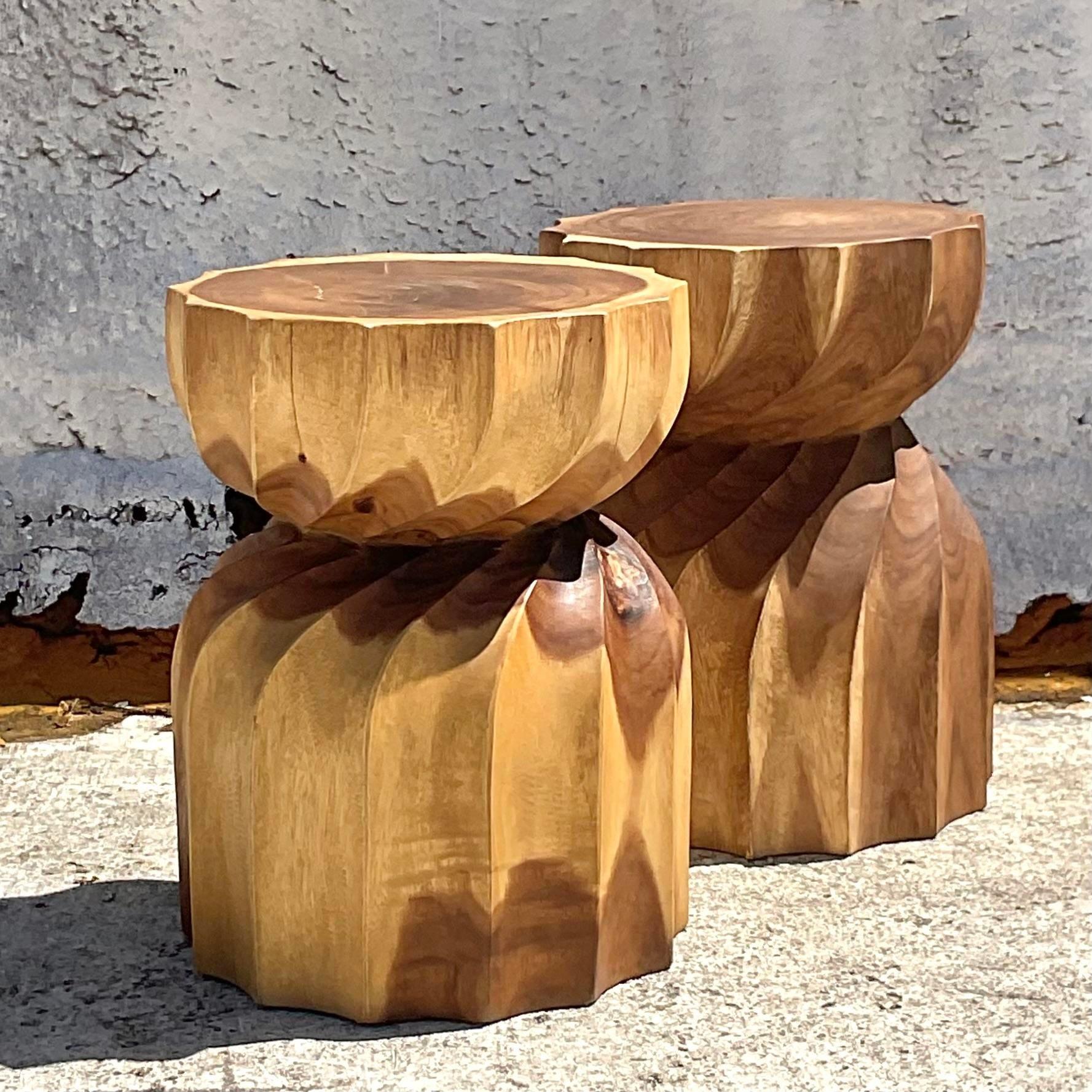Philippine Vintage Boho Twisted Stump Low Stools - a Pair For Sale