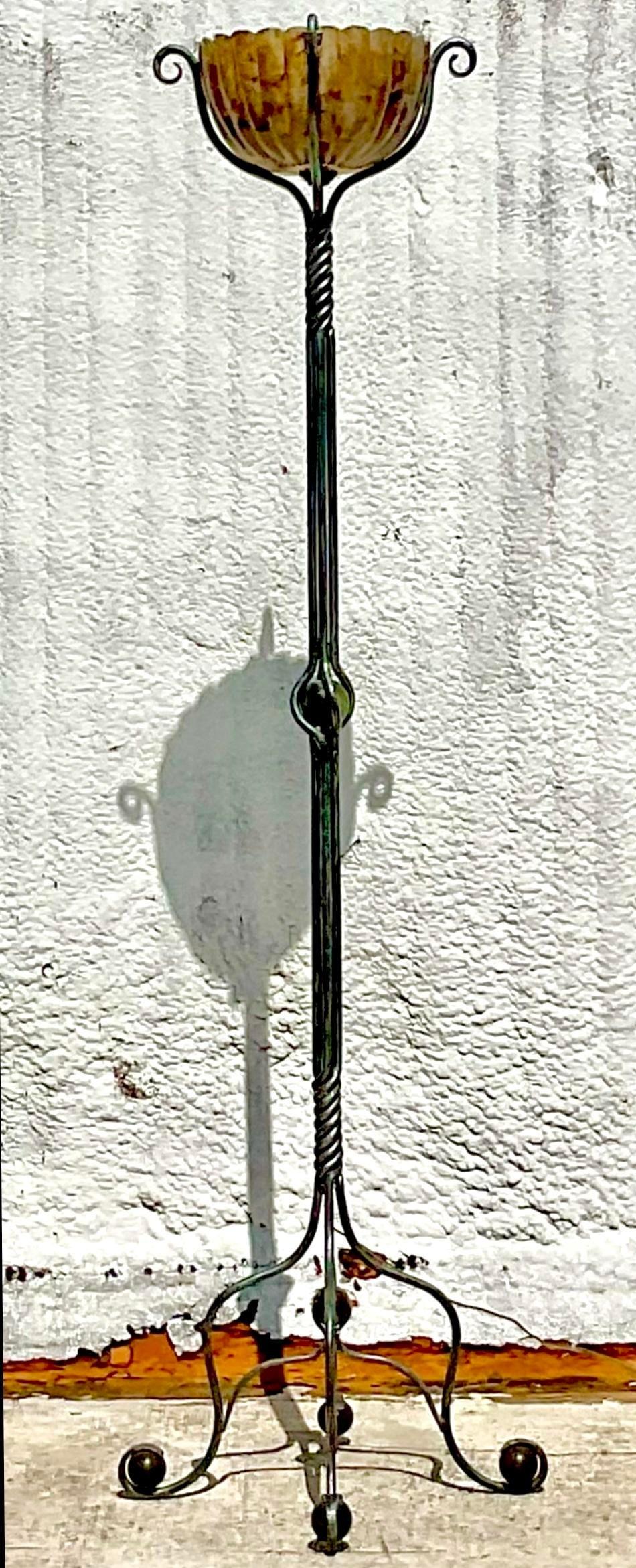 Rustic Vintage Boho Twisted Wrought Iron and Pen Shell Floor Lamp For Sale