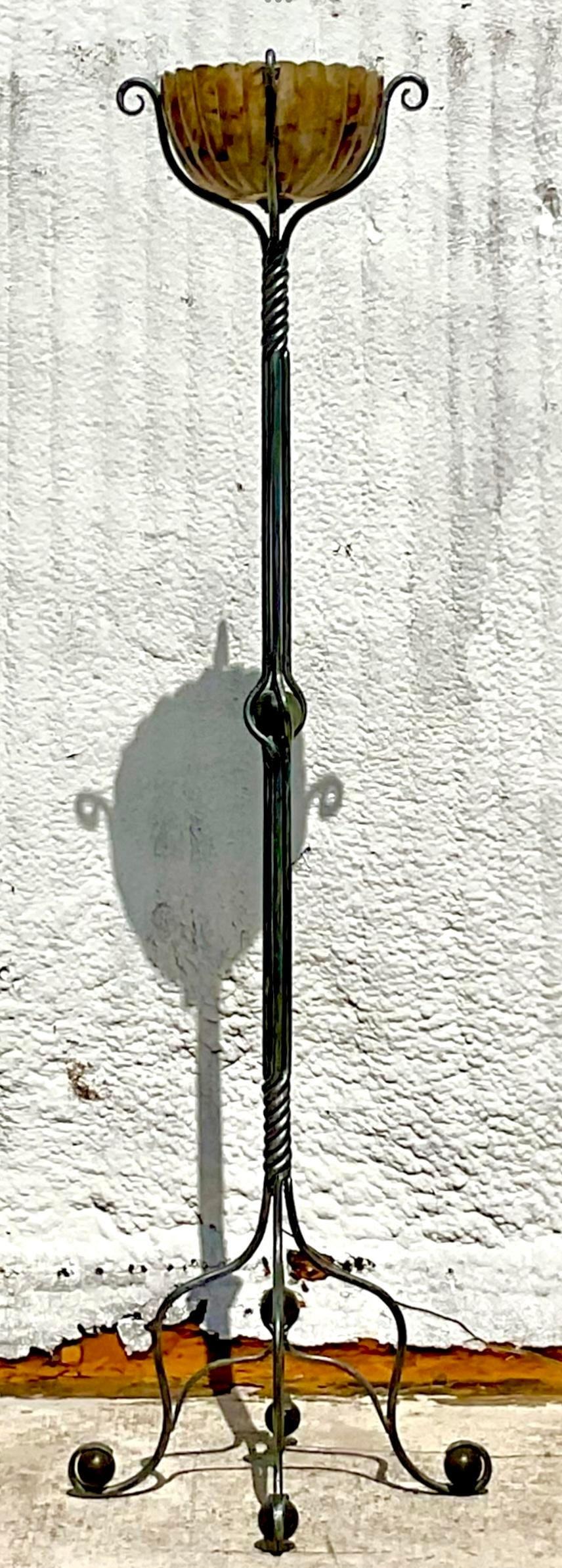 Philippine Vintage Boho Twisted Wrought Iron and Pen Shell Floor Lamp For Sale