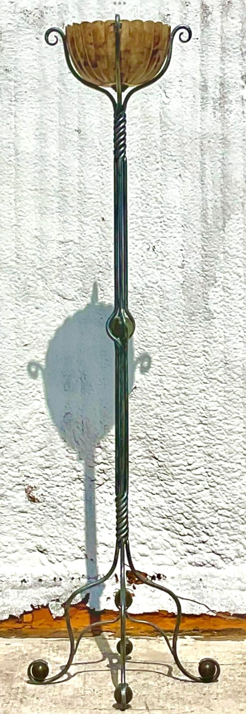 Vintage Boho Twisted Wrought Iron and Pen Shell Floor Lamp In Good Condition For Sale In west palm beach, FL