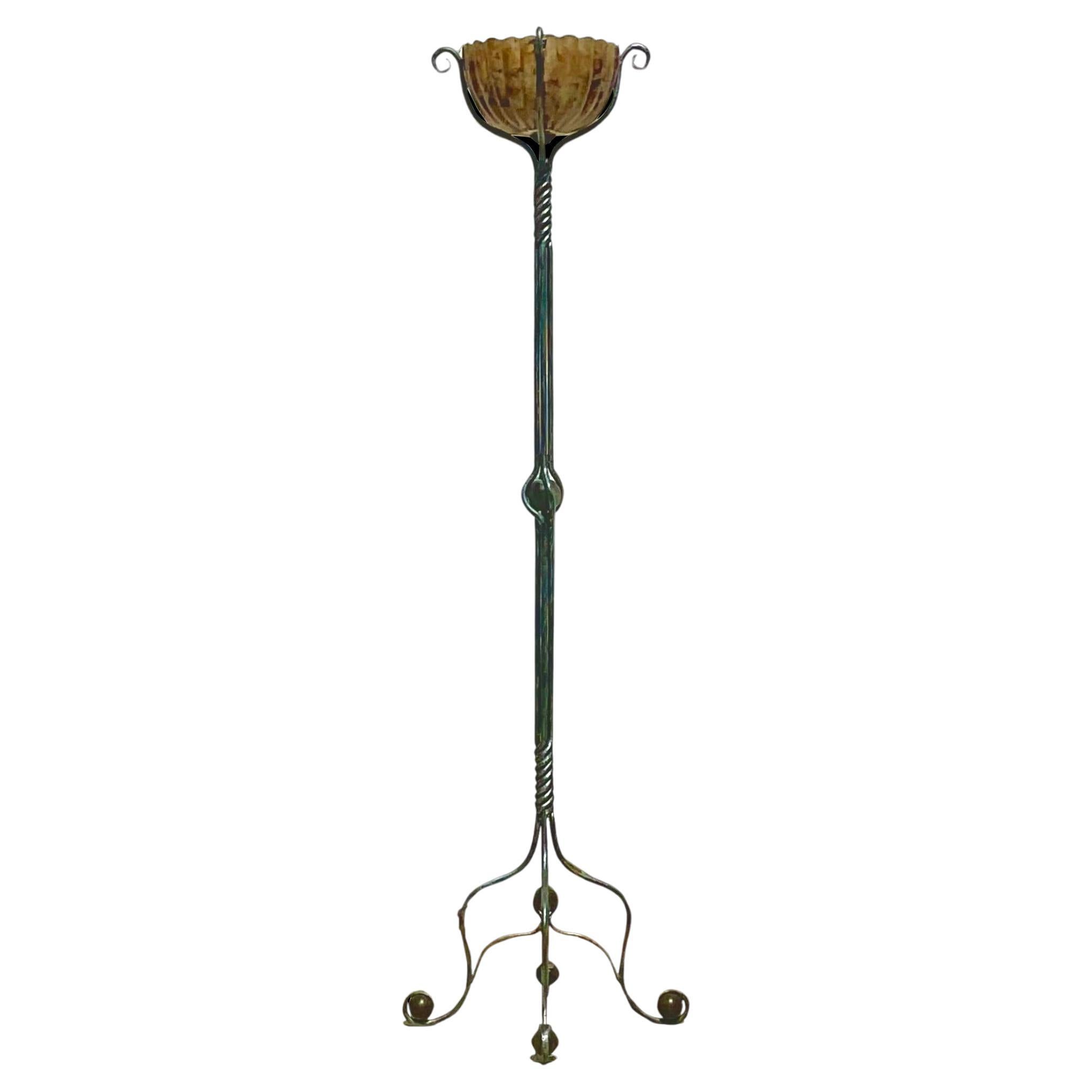 Vintage Boho Twisted Wrought Iron and Pen Shell Floor Lamp For Sale