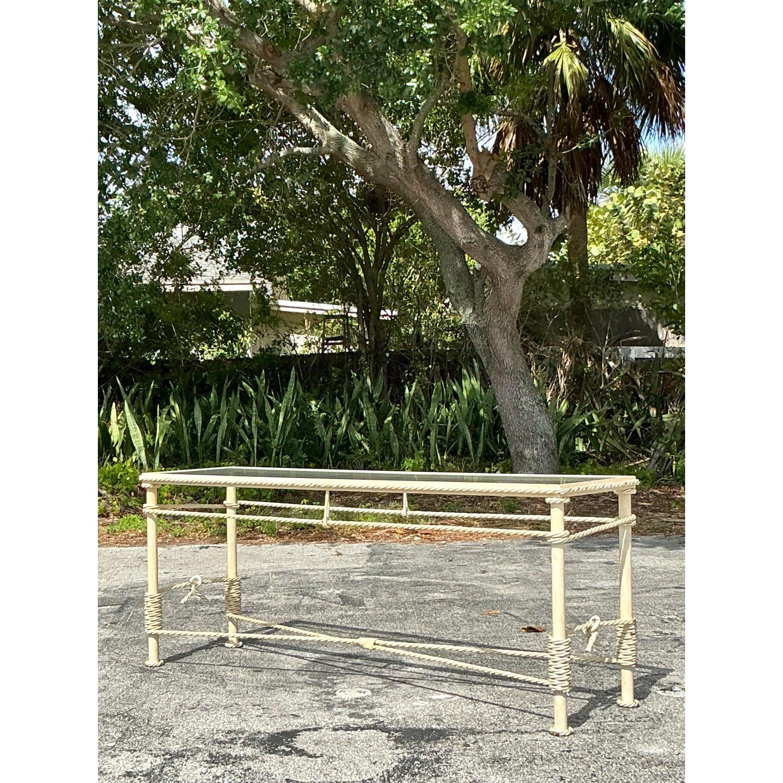 Vintage Boho Twisted Wrought Iron Console Table For Sale 3