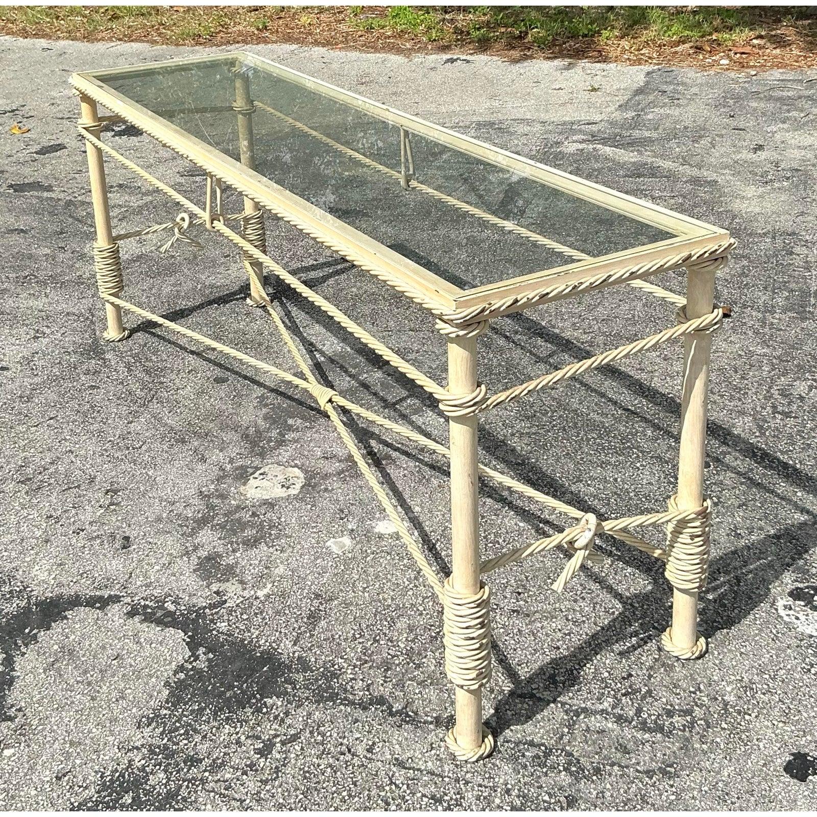 Vintage Boho Twisted Wrought Iron Console Table For Sale 5
