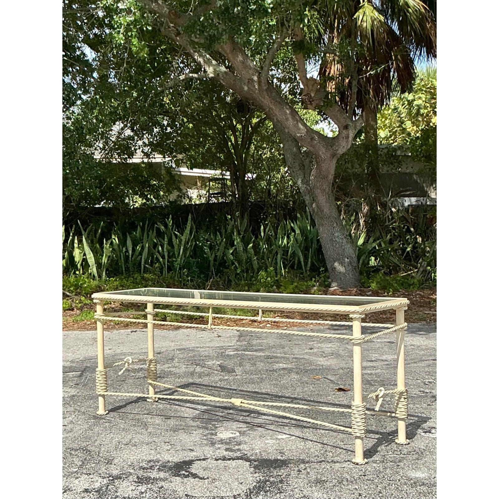 Hollywood Regency Vintage Boho Twisted Wrought Iron Console Table For Sale