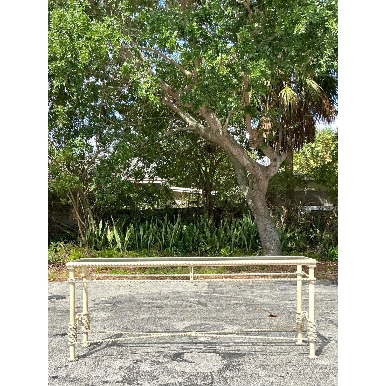 20th Century Vintage Boho Twisted Wrought Iron Console Table For Sale