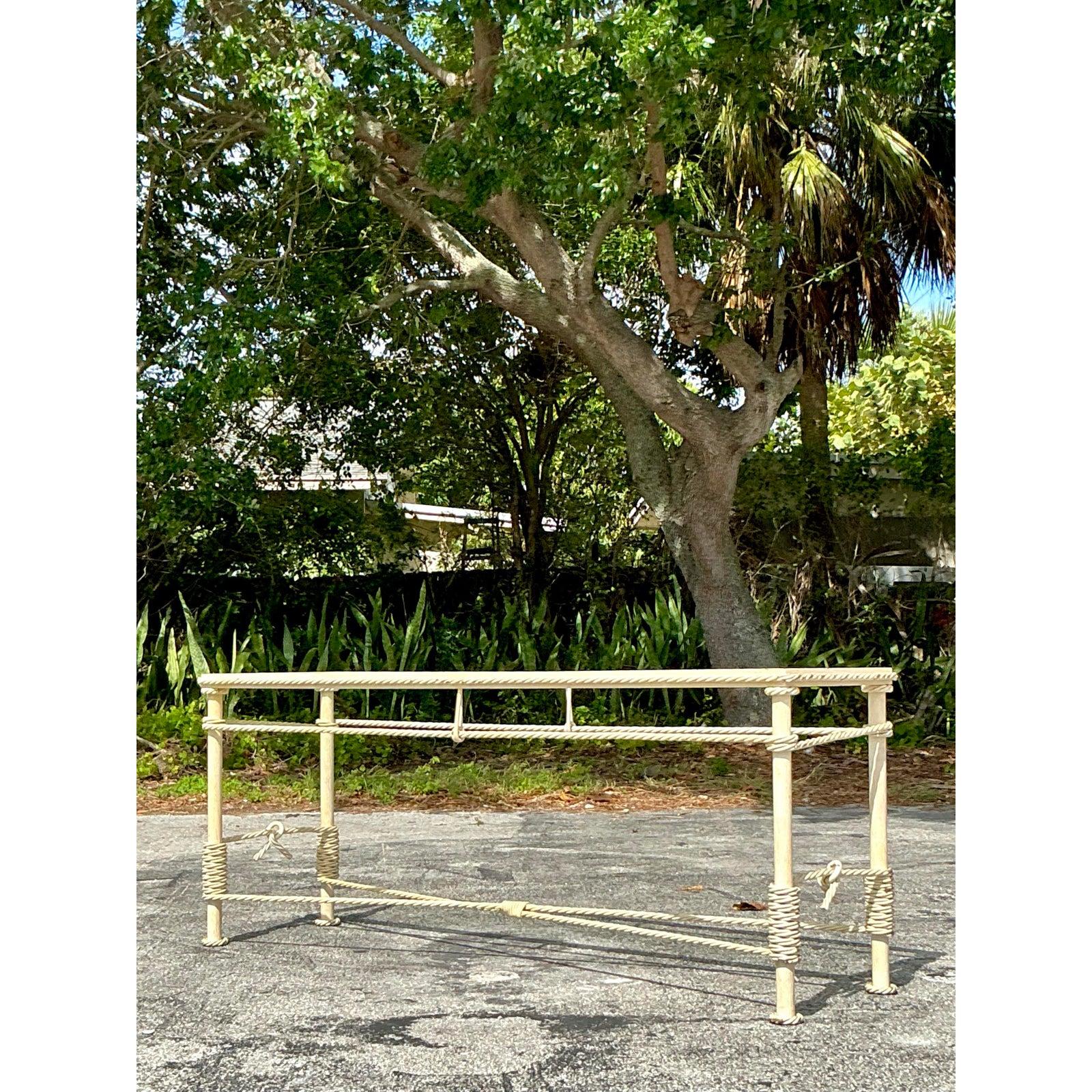 Glass Vintage Boho Twisted Wrought Iron Console Table For Sale