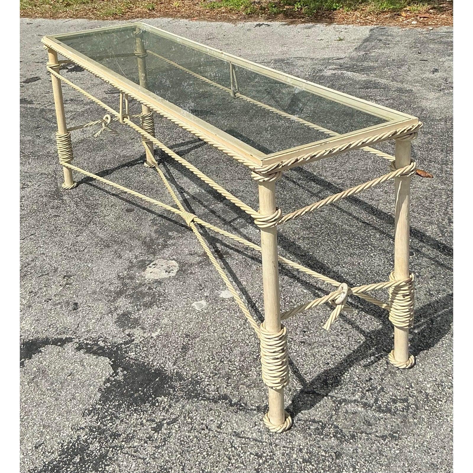 Vintage Boho Twisted Wrought Iron Console Table For Sale 2