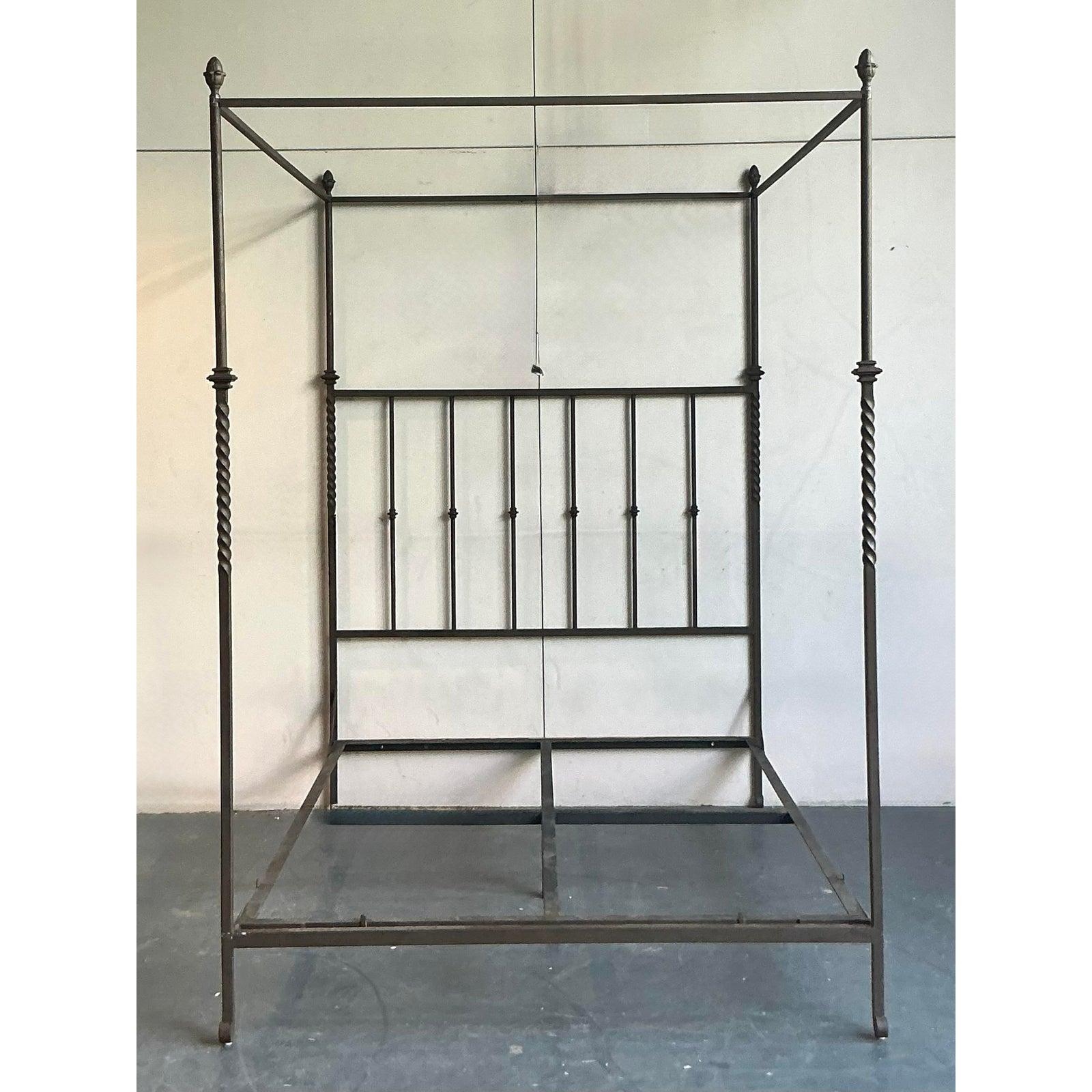 Introduce a touch of romantic grandeur and Bohemian charm to your bedroom with this exquisite Vintage Boho Twisted Wrought Iron Queen Canopy Bed. Crafted with a timeless design, this bed frame features elegantly twisted iron posts that evoke a sense
