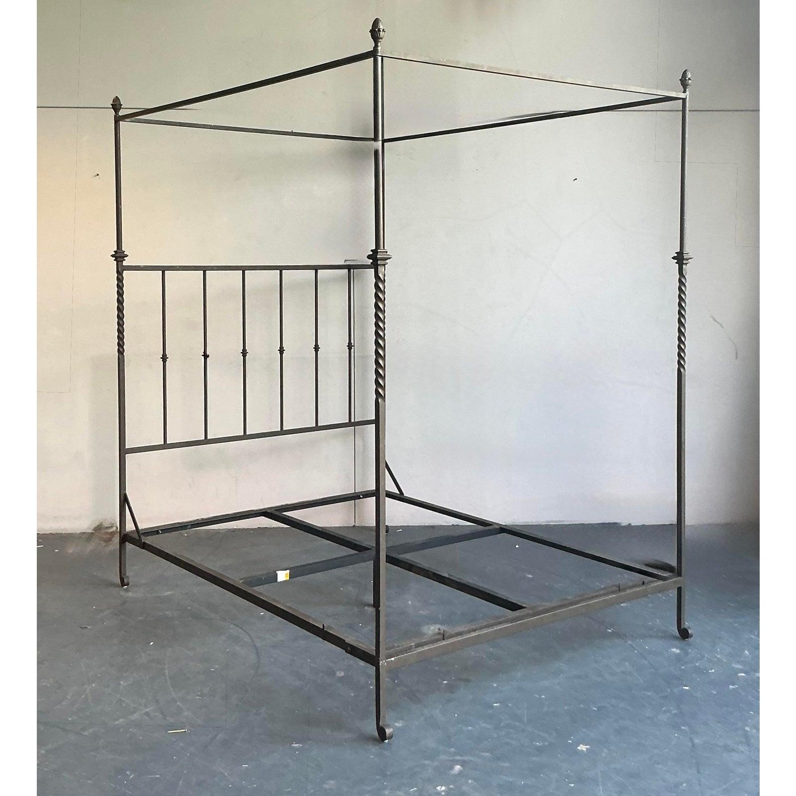 American Vintage Boho Twisted Wrought Iron Queen Canopy Bed For Sale