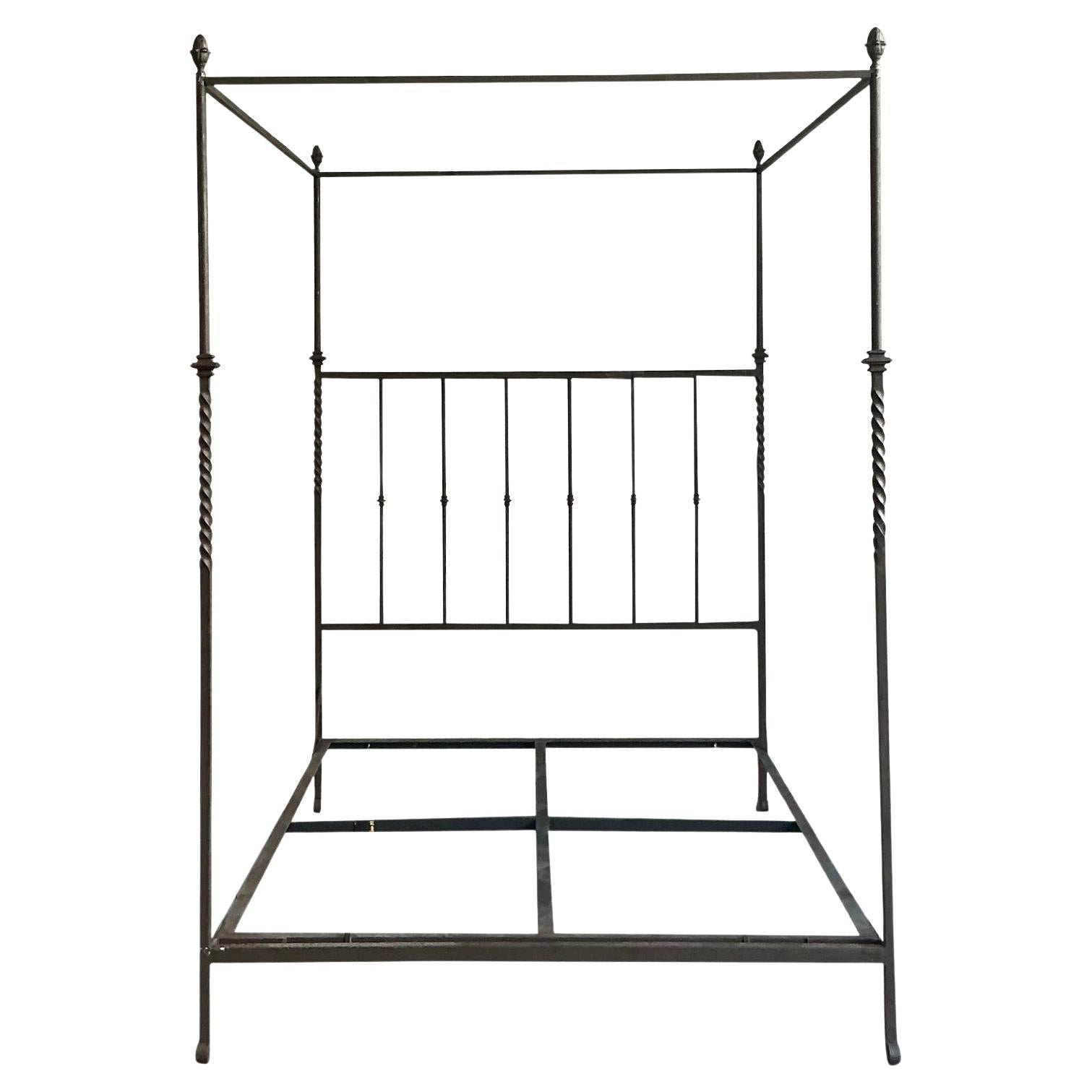 Vintage Boho Twisted Wrought Iron Queen Canopy Bed For Sale