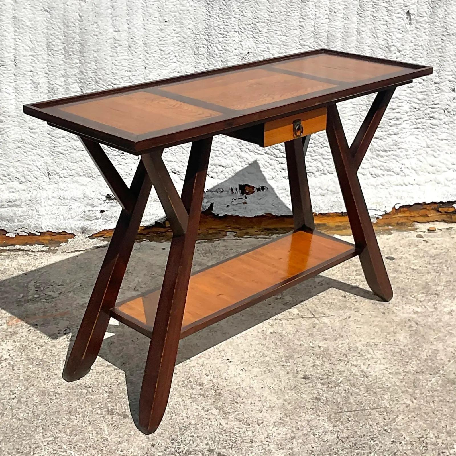 A fabulous vintage Boho console table. A chic two tone design with a high profile. Acquired from a Palm Beach estate.
