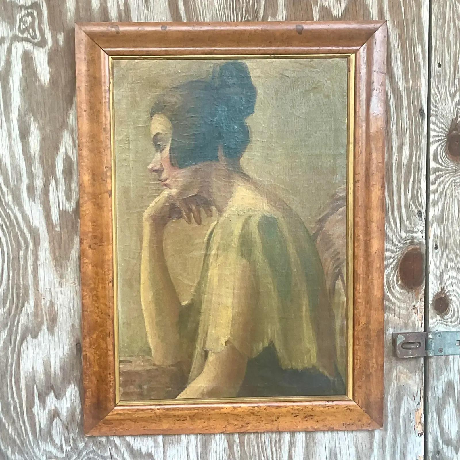 Incredible vintage original oil painting. A beautiful moody composition of a beautiful woman in deep in thought. Stunning Burl wood frame. Unsigned. Acquired from a Palm Beach estate.

The painting is in great vintage condition. Minor scuffs and