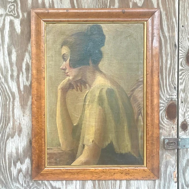 Vintage Boho Unsigned Original Oil Painting of Woman For Sale at 1stDibs