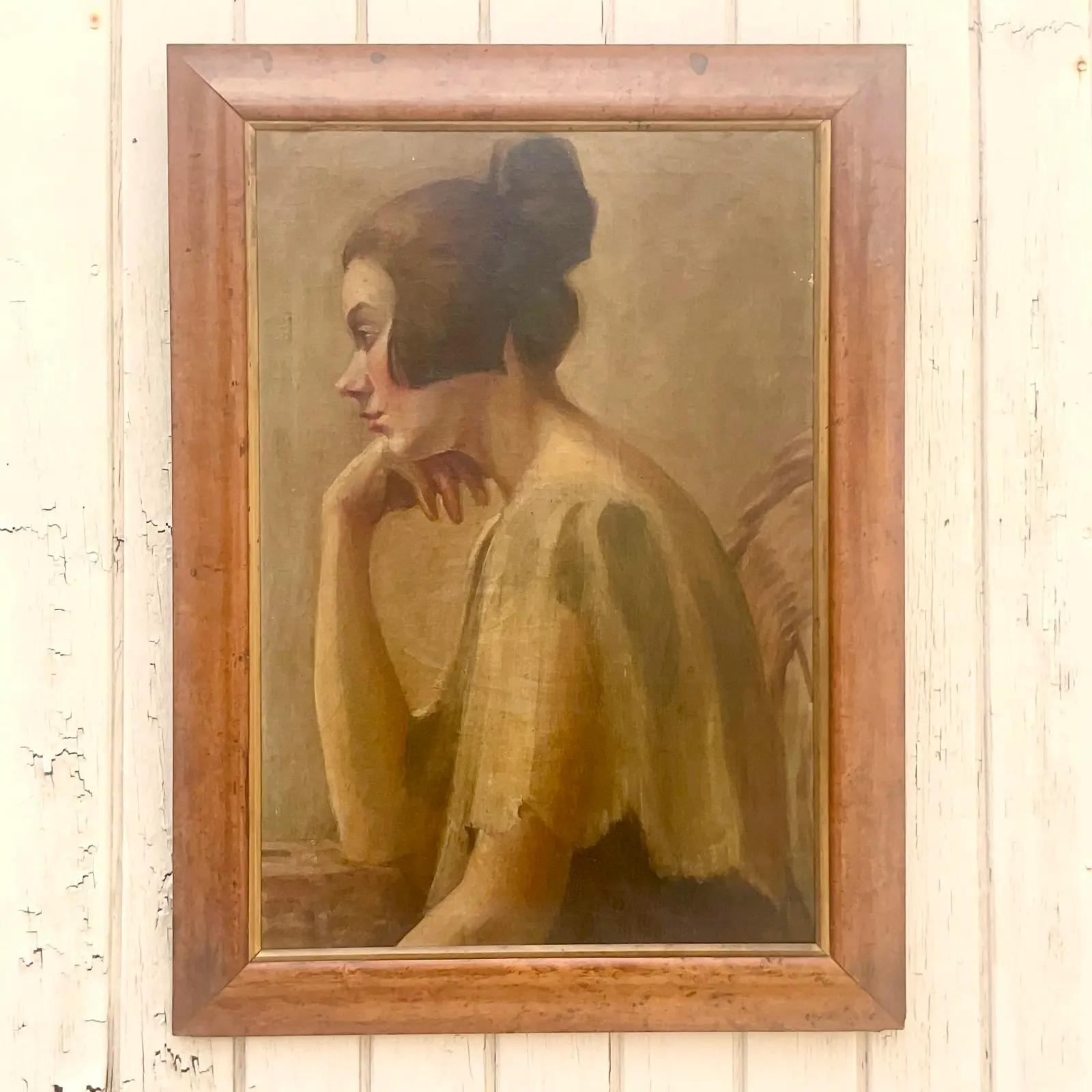 North American Vintage Boho Unsigned Original Oil Painting of Woman