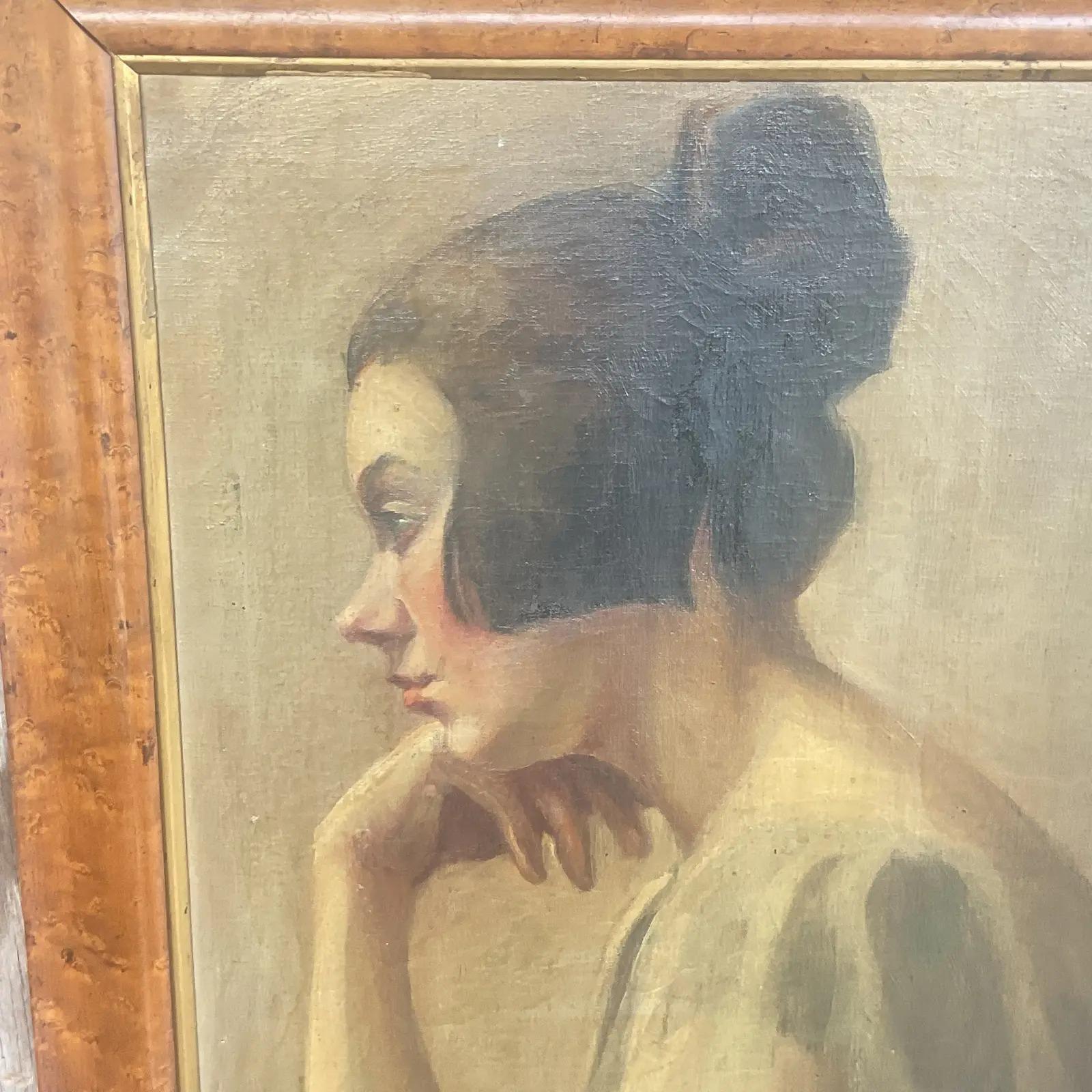 Vintage Boho Unsigned Original Oil Painting of Woman In Good Condition In west palm beach, FL