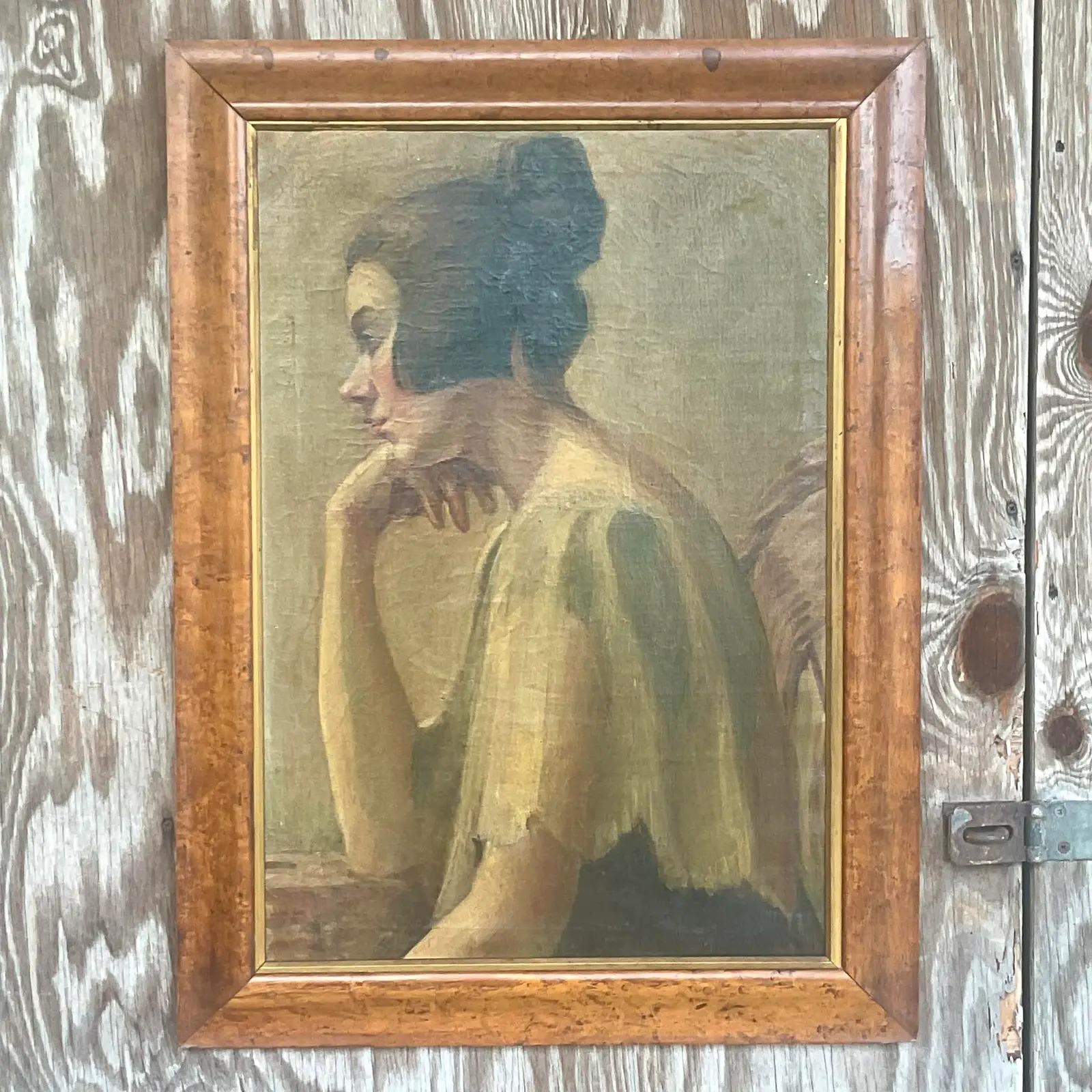 20th Century Vintage Boho Unsigned Original Oil Painting of Woman