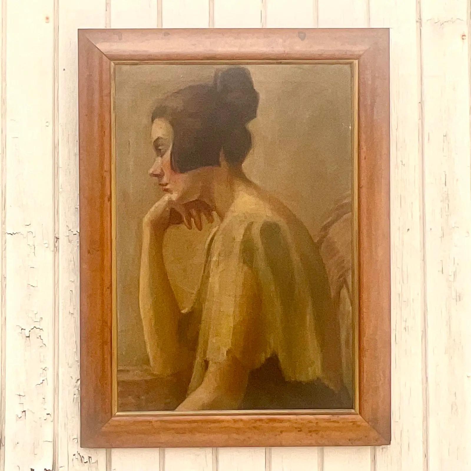 Wood Vintage Boho Unsigned Original Oil Painting of Woman