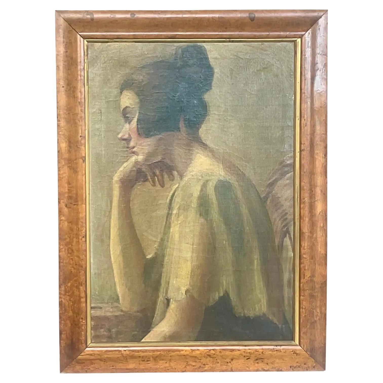 Vintage Boho Unsigned Original Oil Painting of Woman